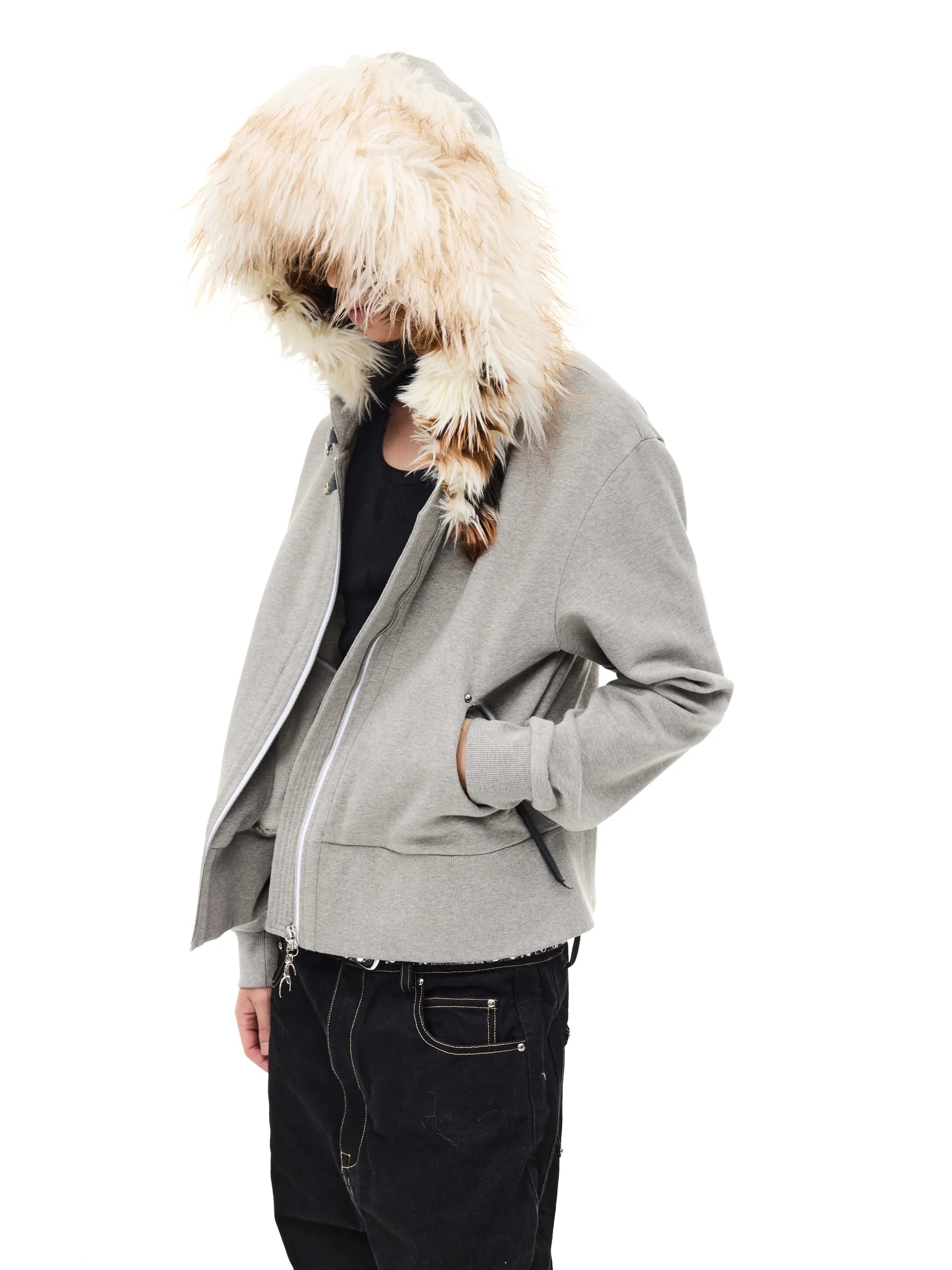 Fur-trimmed slim-fit hooded sweatshirt