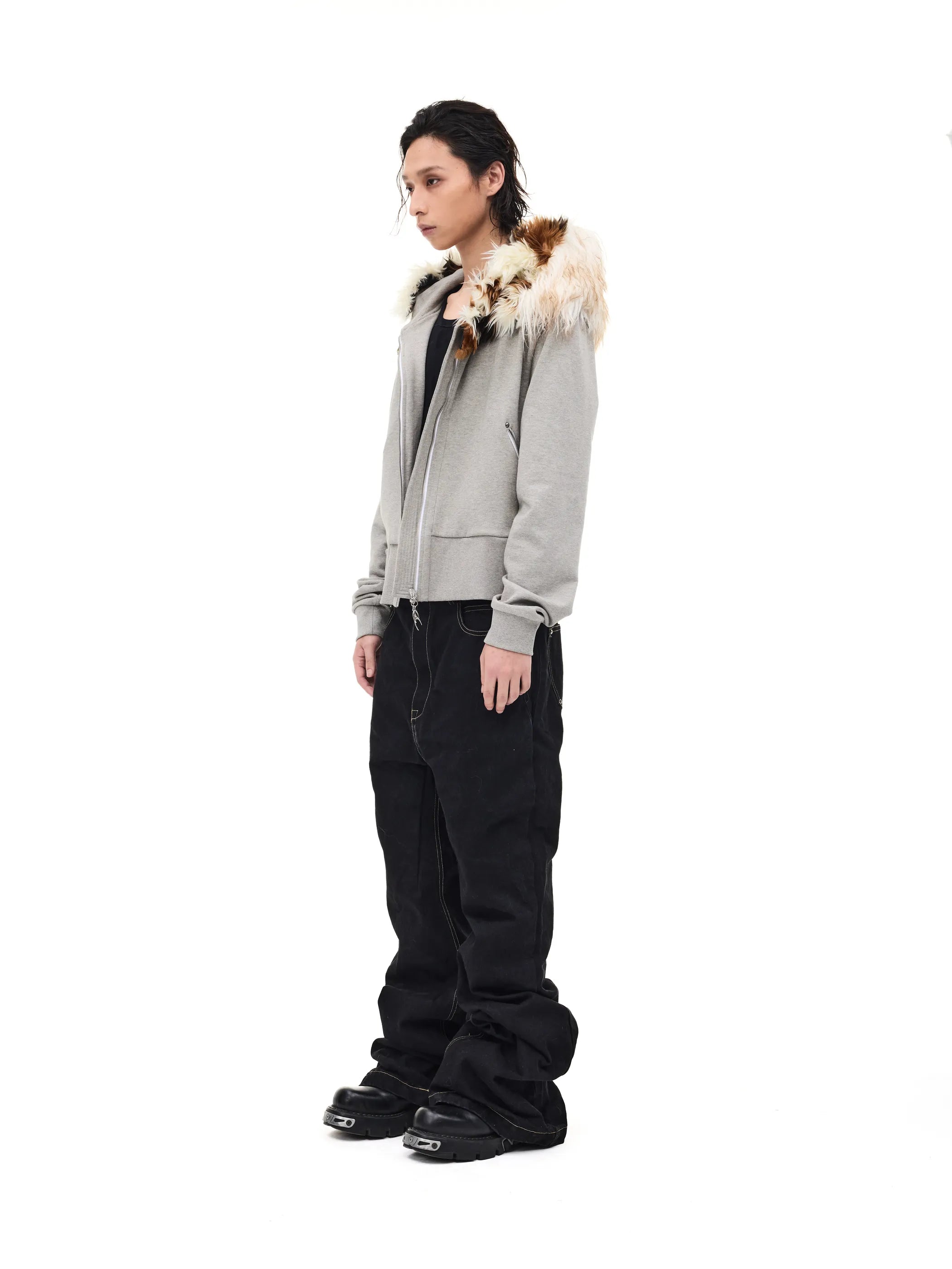 Fur-trimmed slim-fit hooded sweatshirt