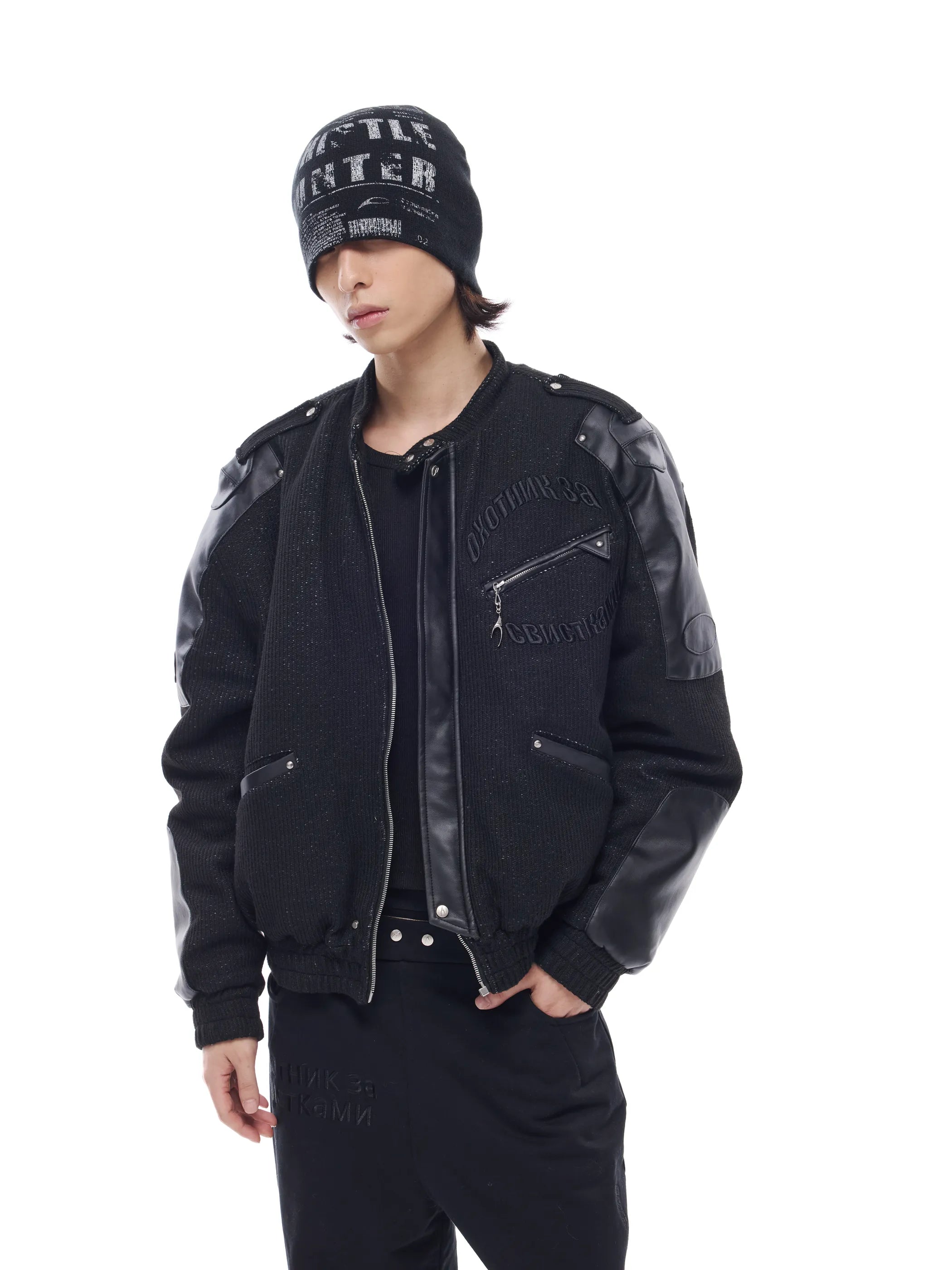 Leather-panelled moto bomber jacket