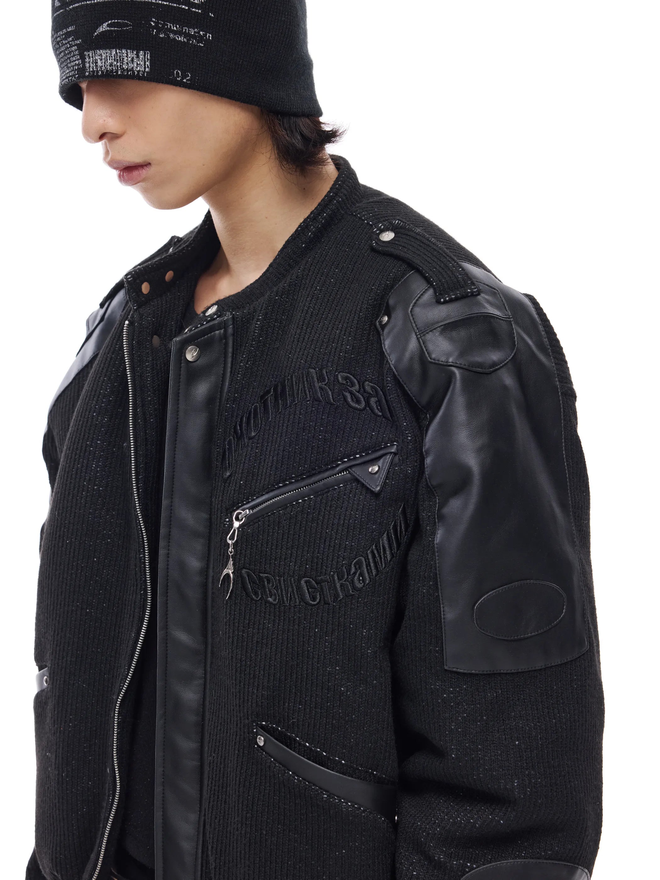 Leather-panelled moto bomber jacket