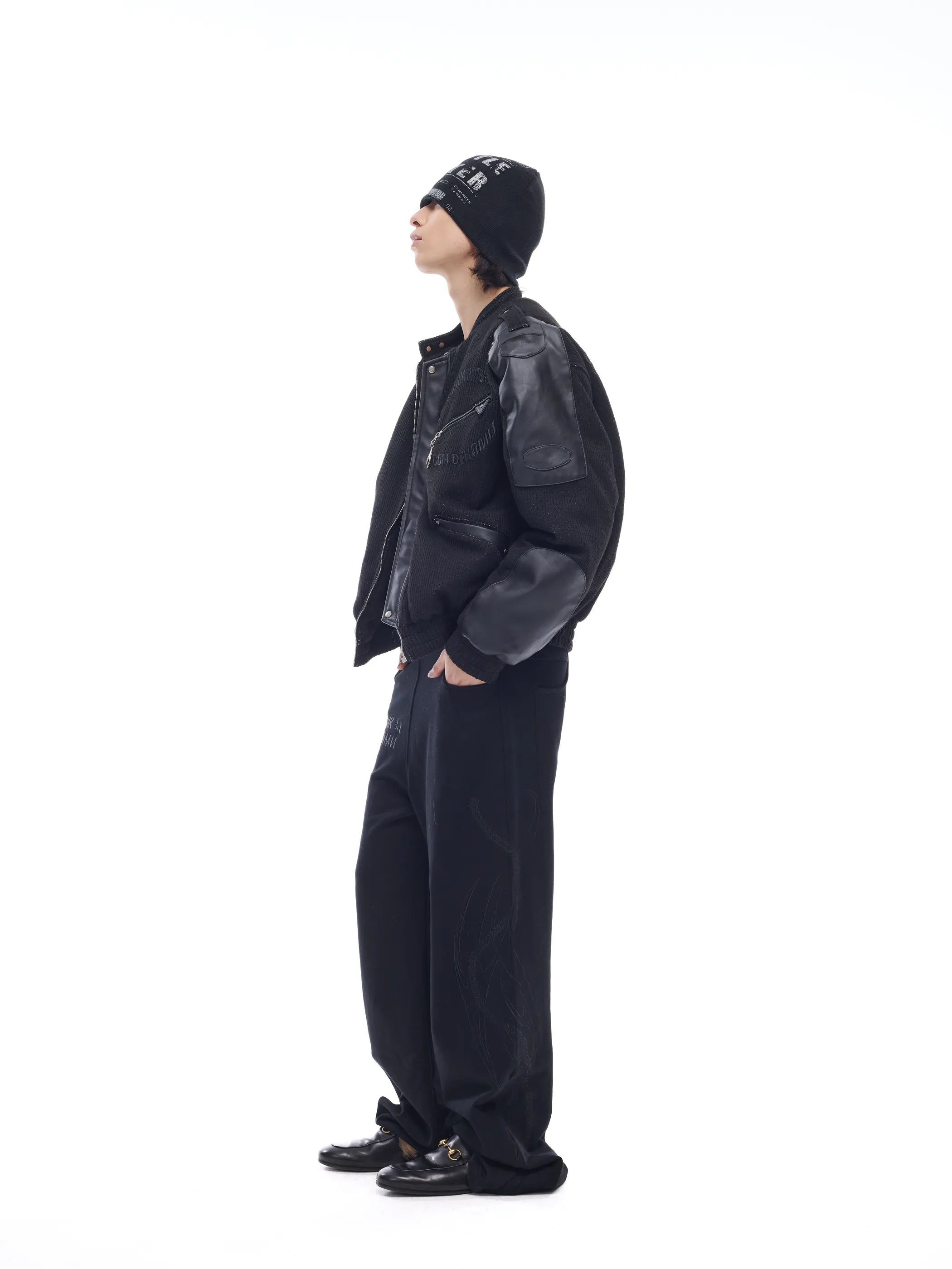 Leather-panelled moto bomber jacket