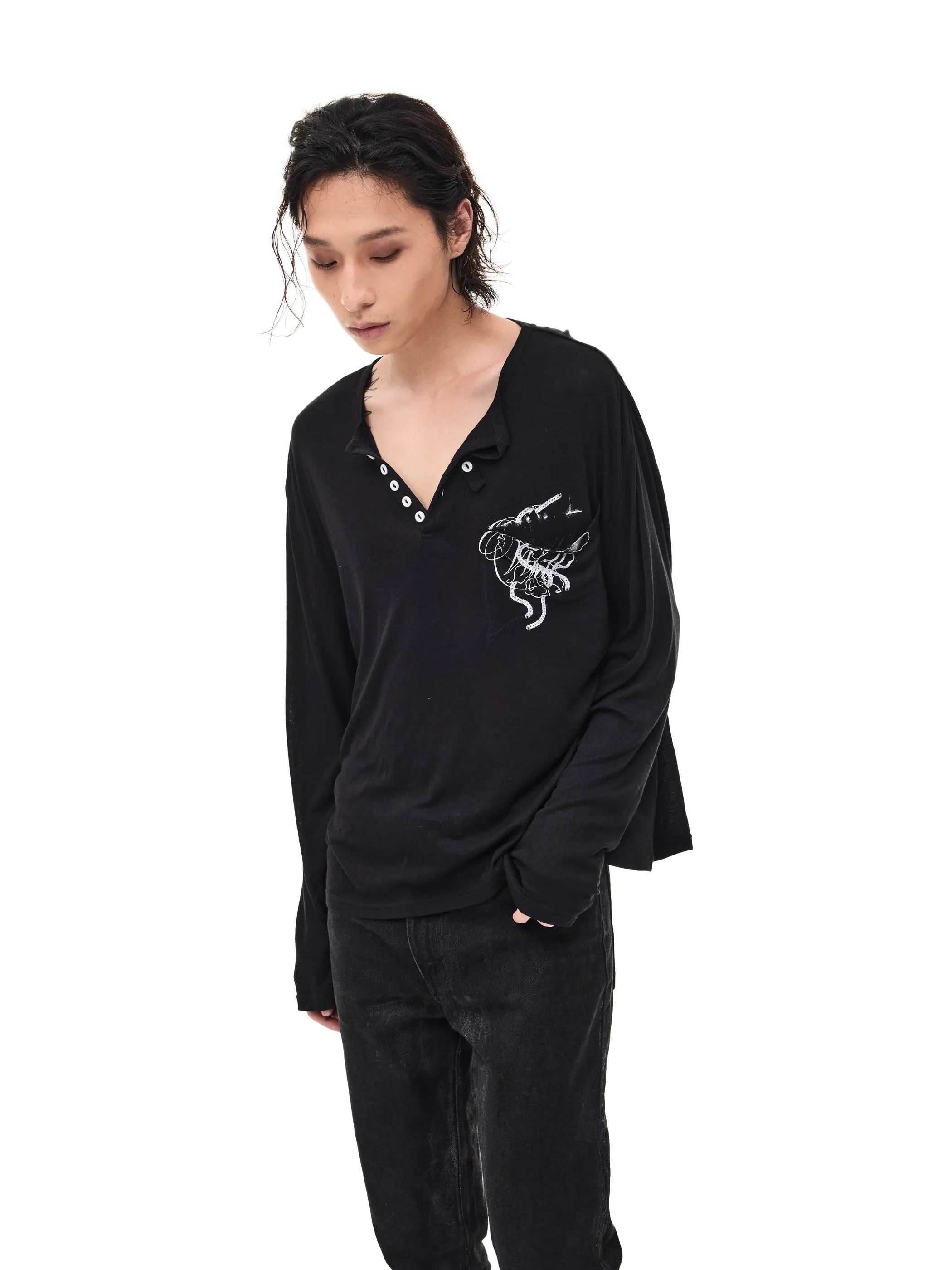 Lightweight Wool Henley Collar T-shirt