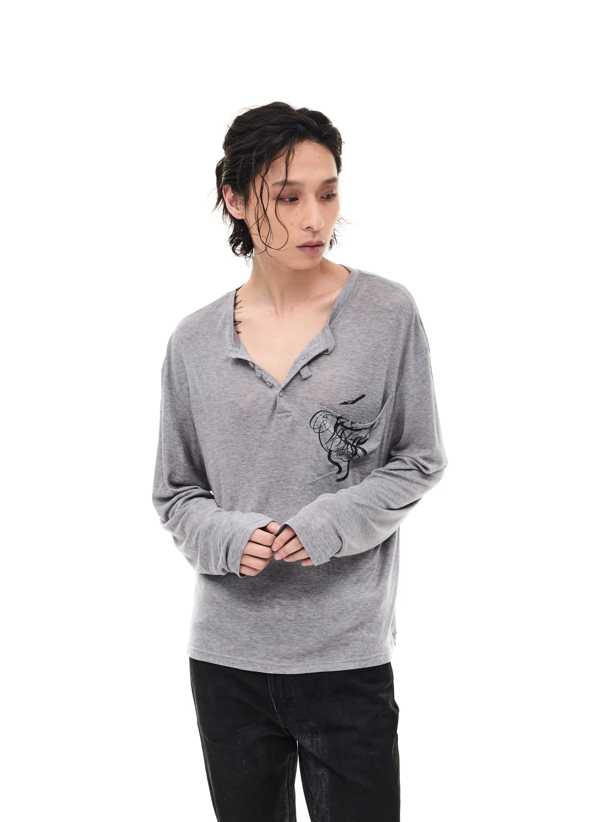 Lightweight Wool Henley Collar T-shirt