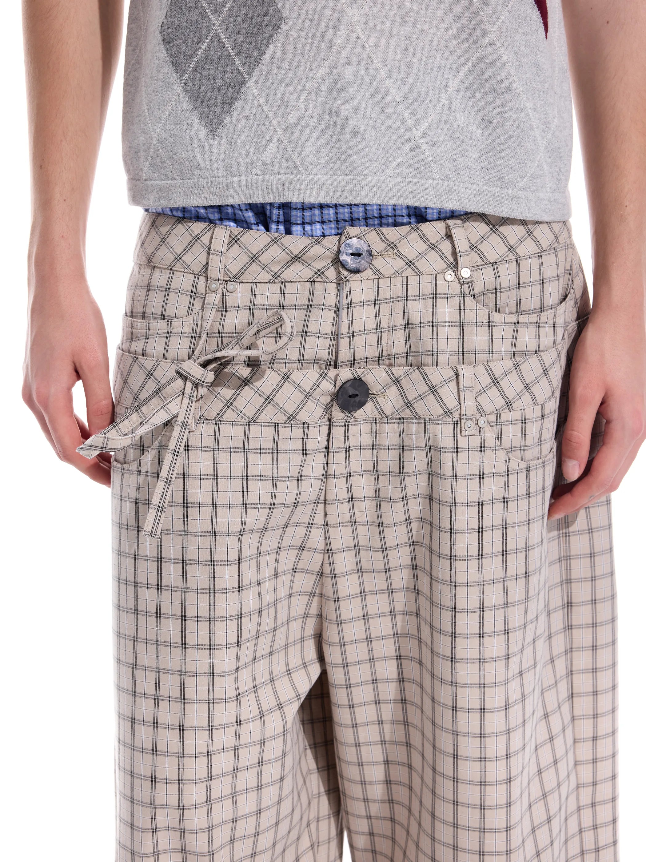 Checked double-waistband ribbon-tie shorts