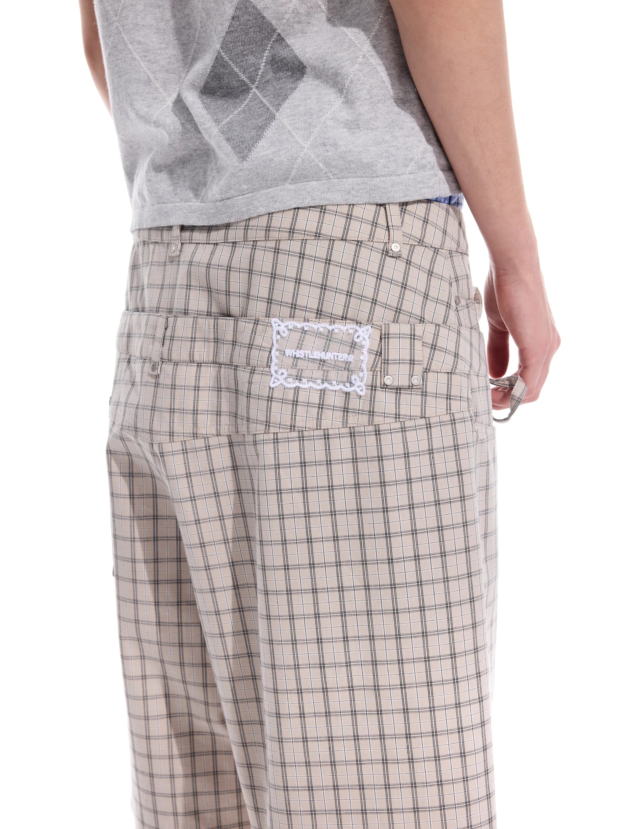 Checked double-waistband ribbon-tie shorts