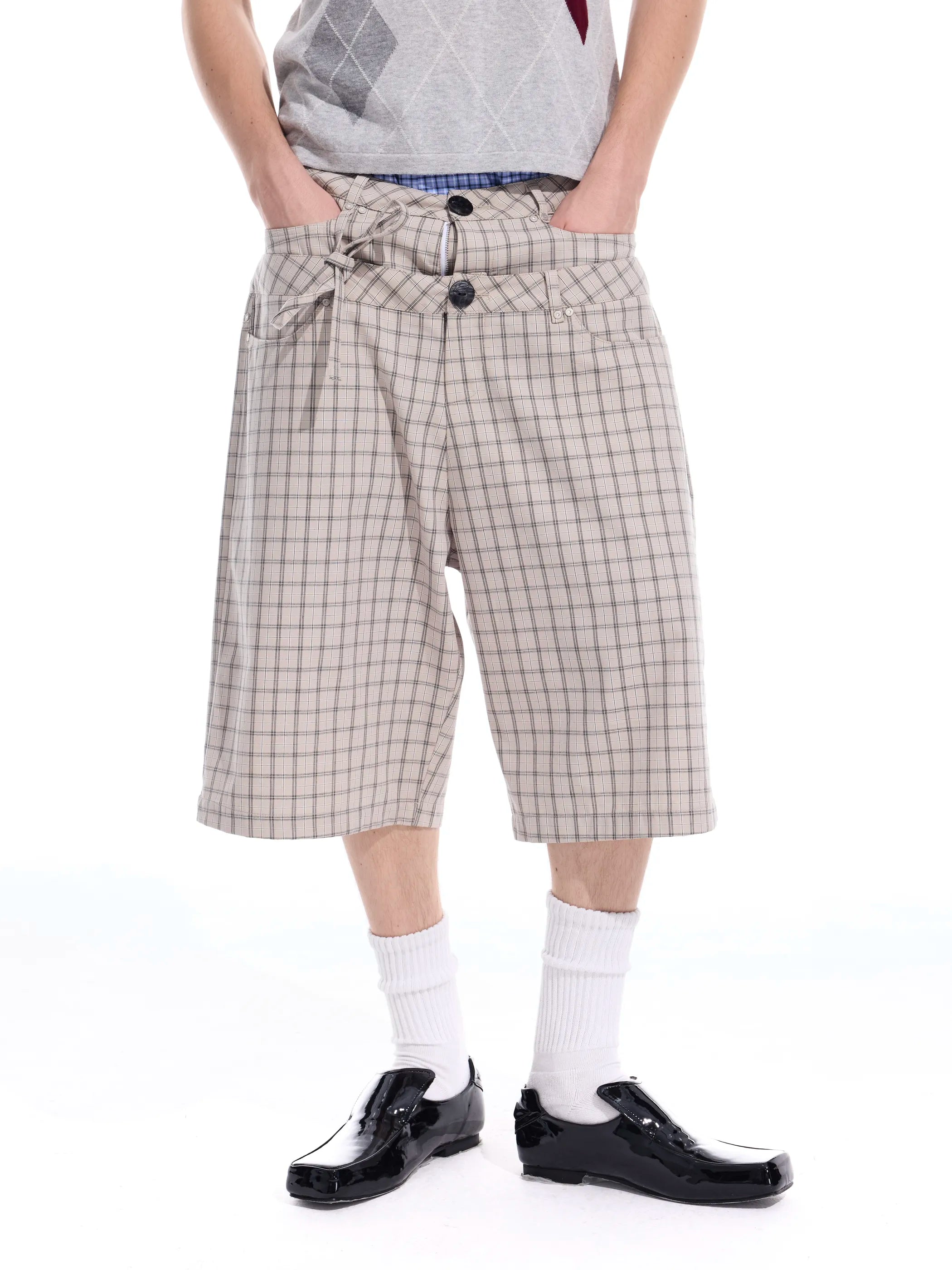 Checked double-waistband ribbon-tie shorts