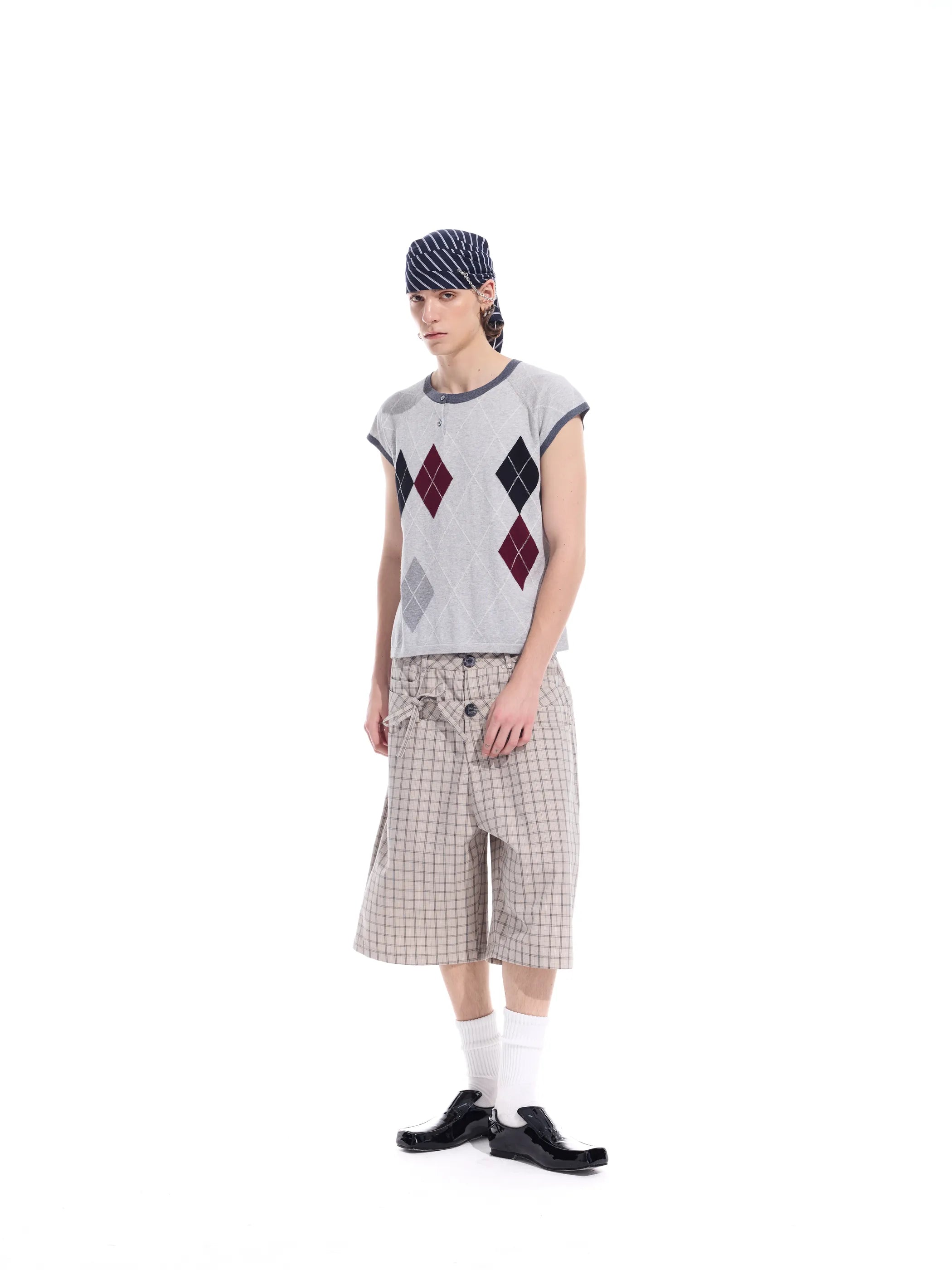 Checked double-waistband ribbon-tie shorts