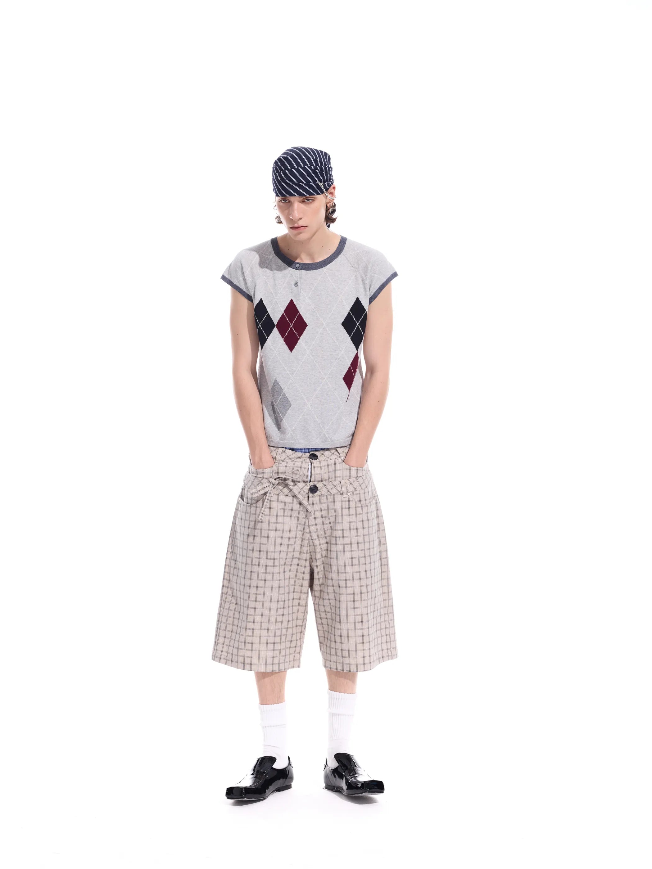 Checked double-waistband ribbon-tie shorts