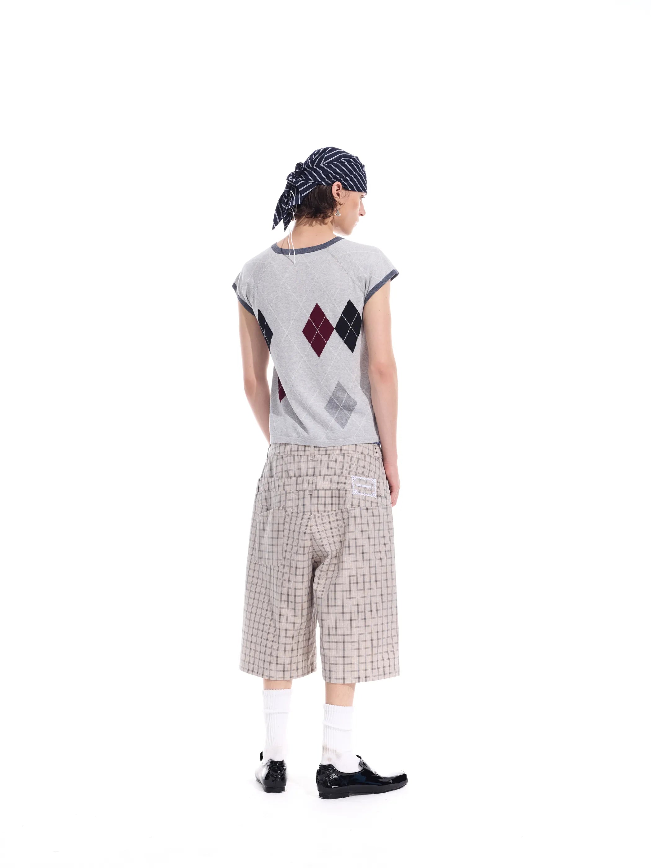 Checked double-waistband ribbon-tie shorts