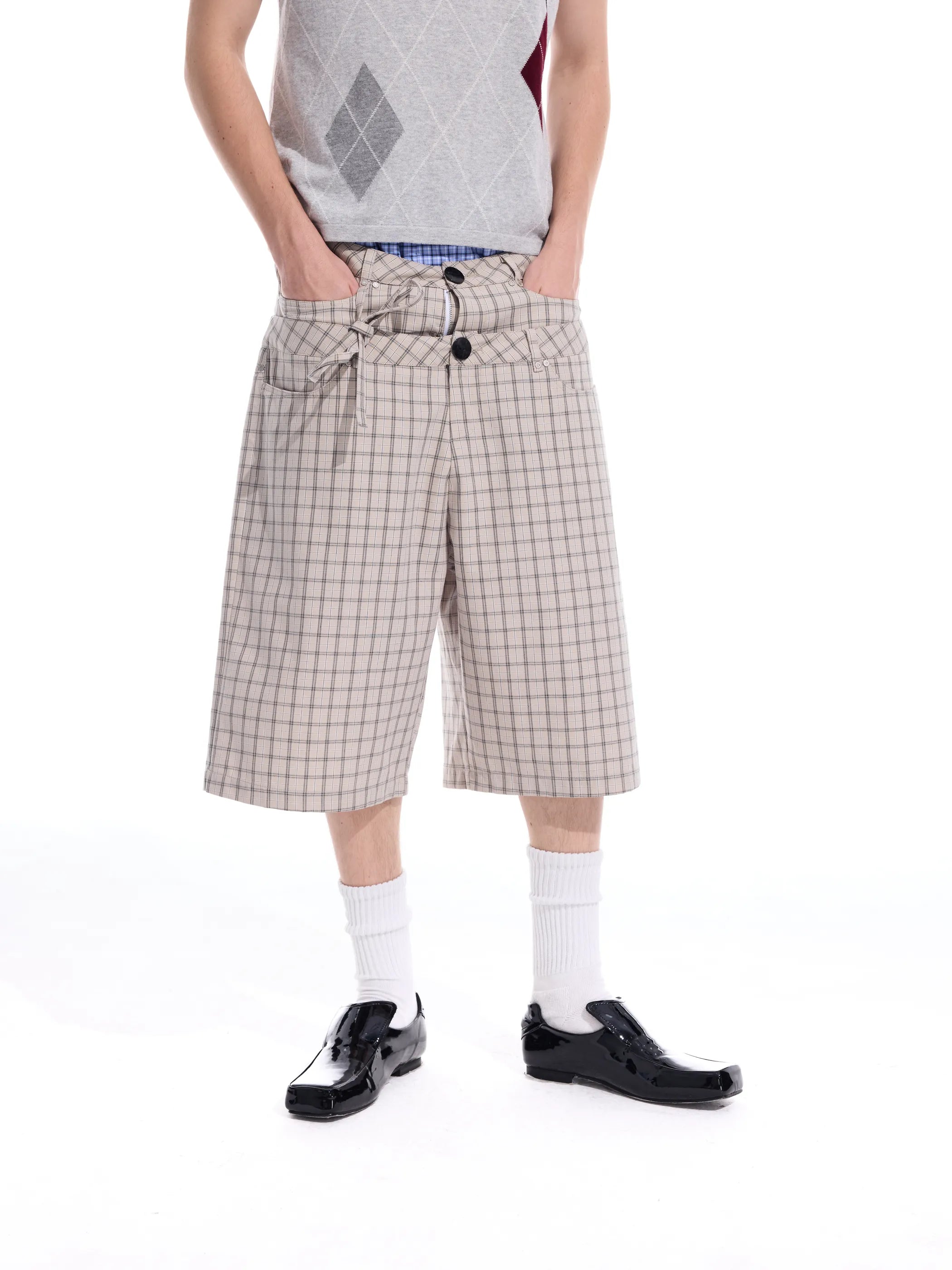 Checked double-waistband ribbon-tie shorts