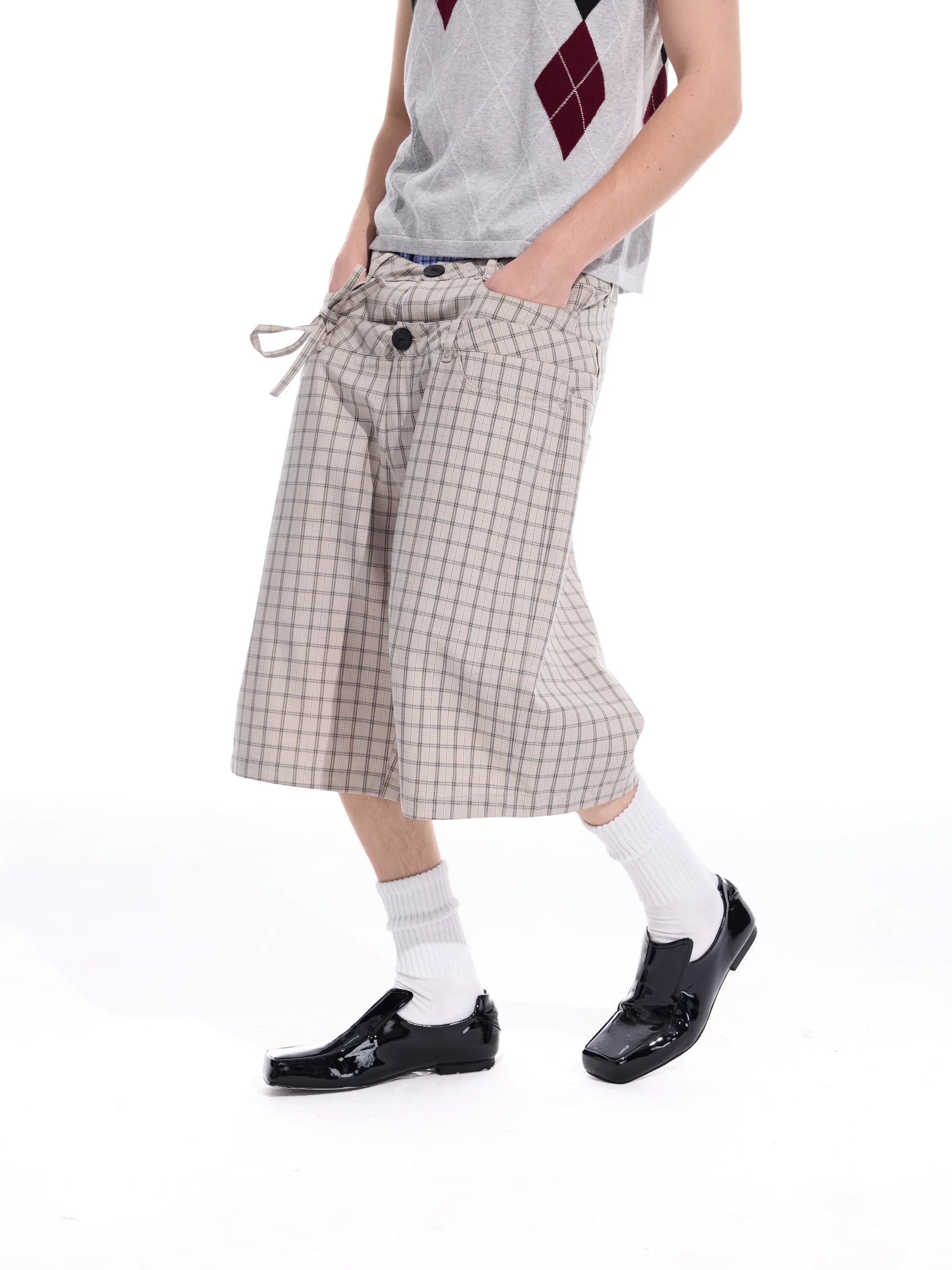 Checked double-waistband ribbon-tie shorts