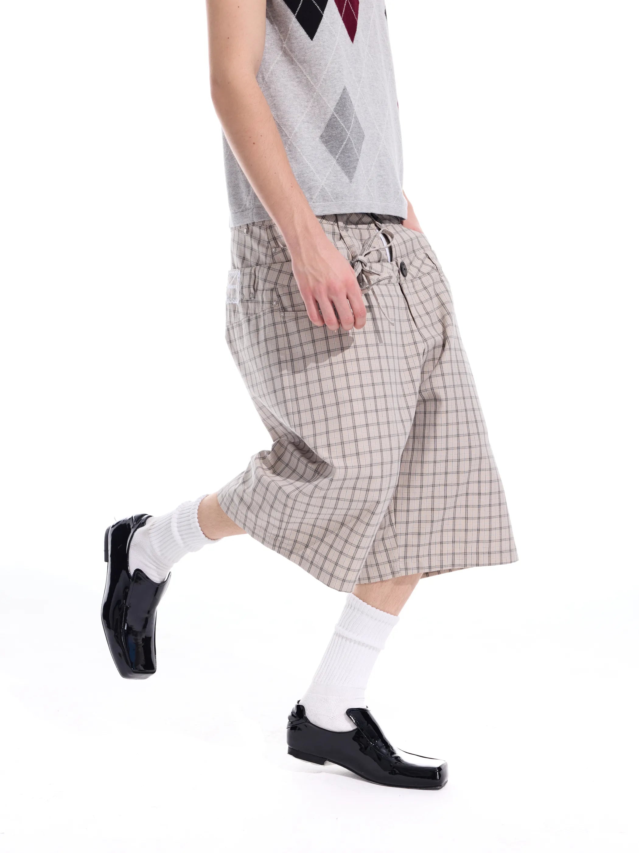 Checked double-waistband ribbon-tie shorts