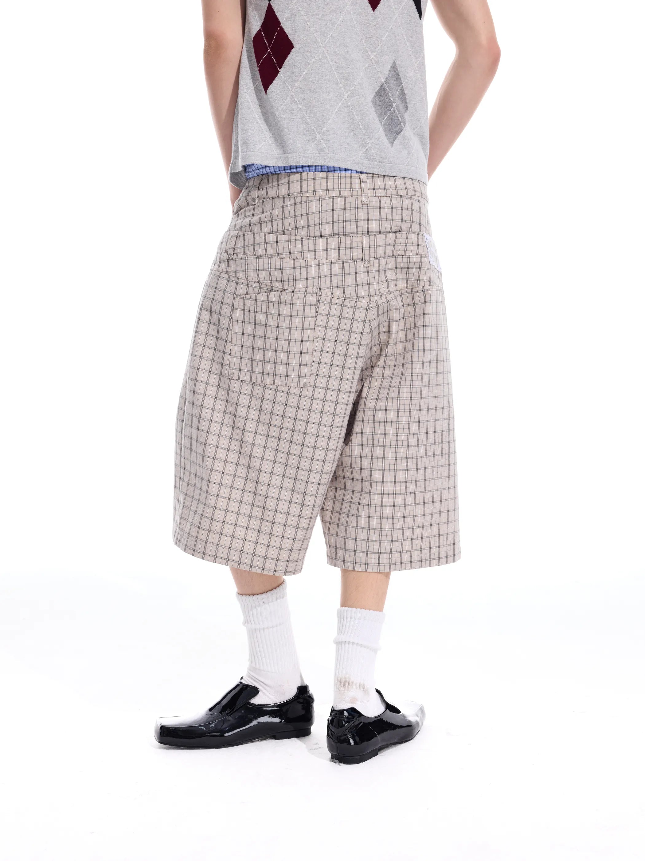 Checked double-waistband ribbon-tie shorts