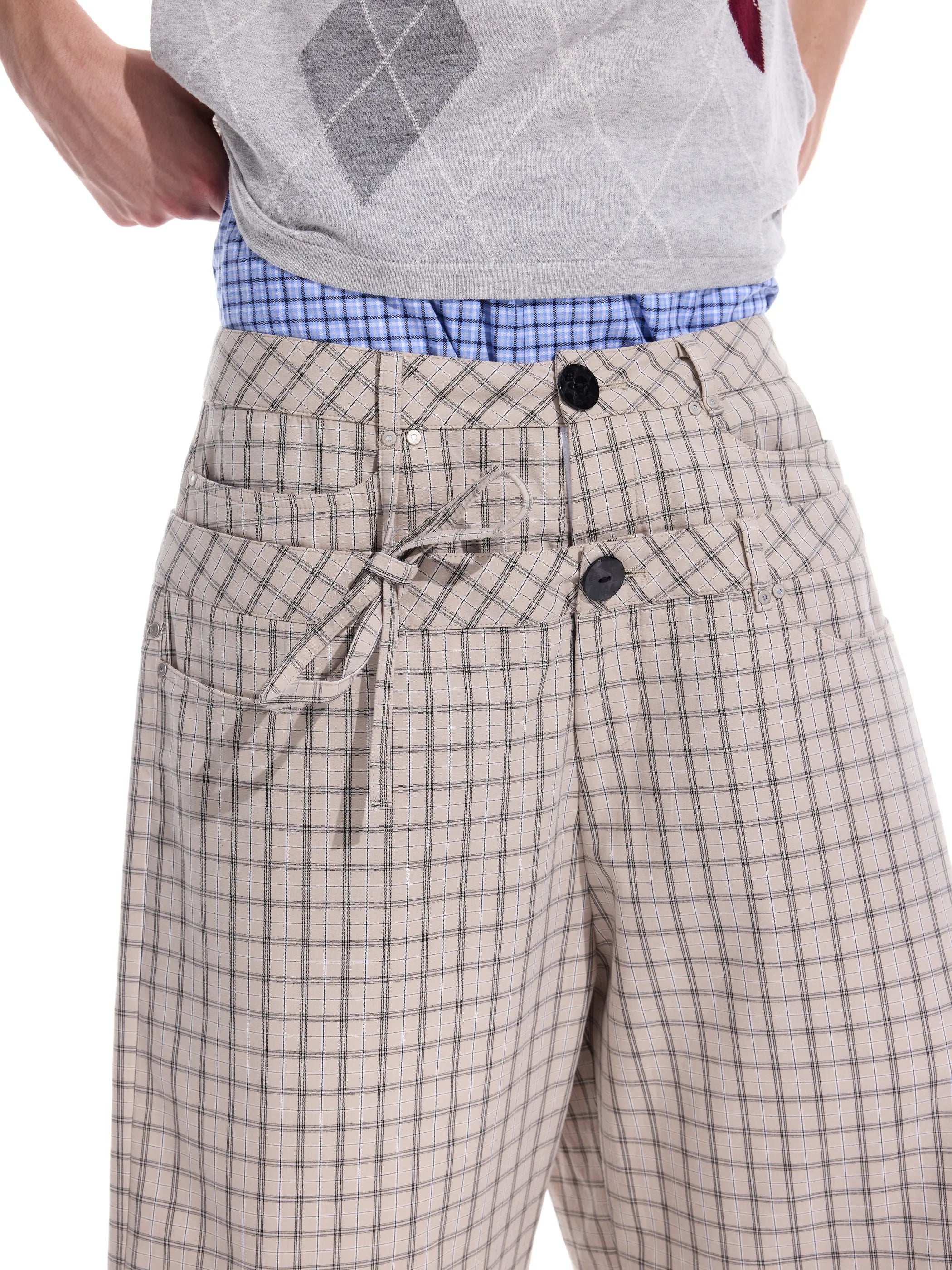 Checked double-waistband ribbon-tie shorts