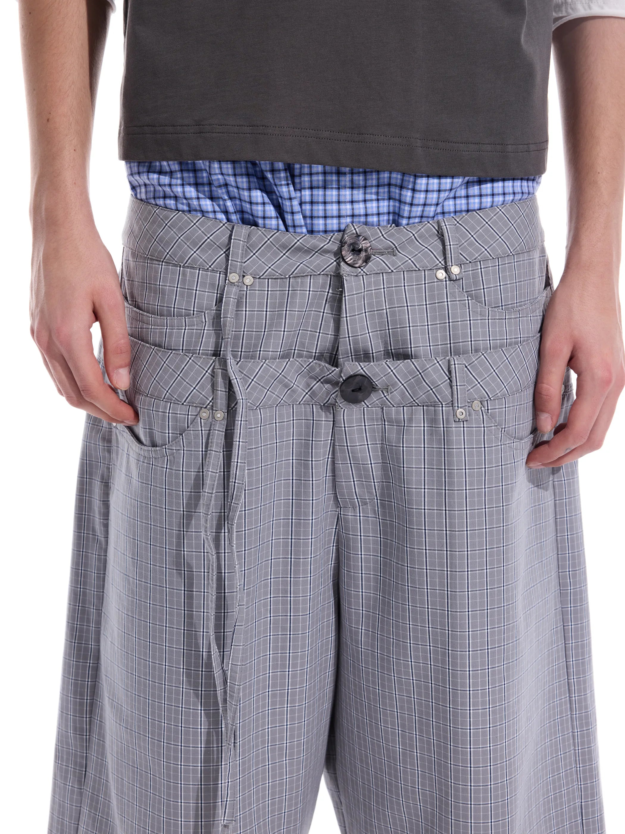 Checked double-waistband ribbon-tie shorts