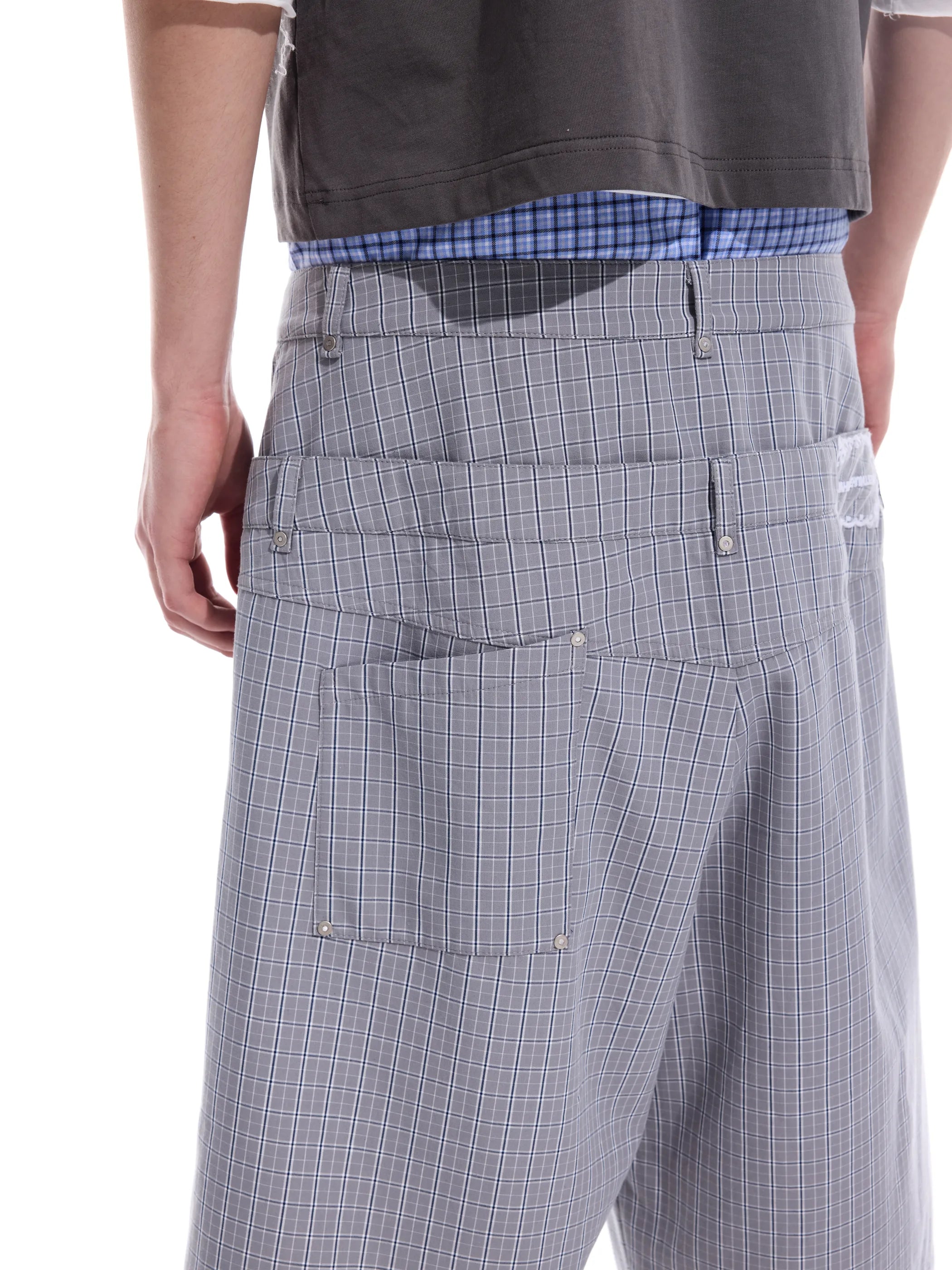Checked double-waistband ribbon-tie shorts