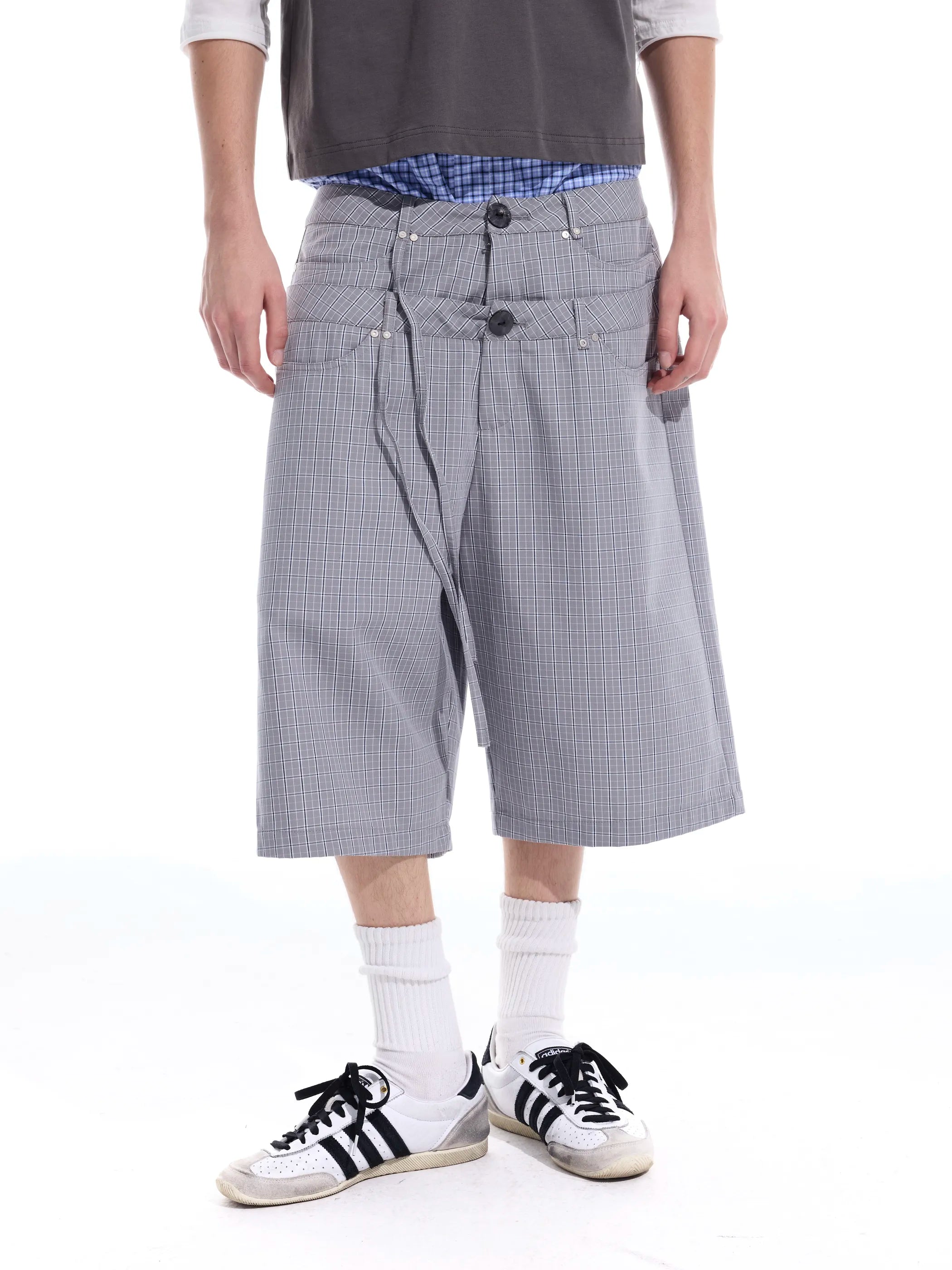 Checked double-waistband ribbon-tie shorts