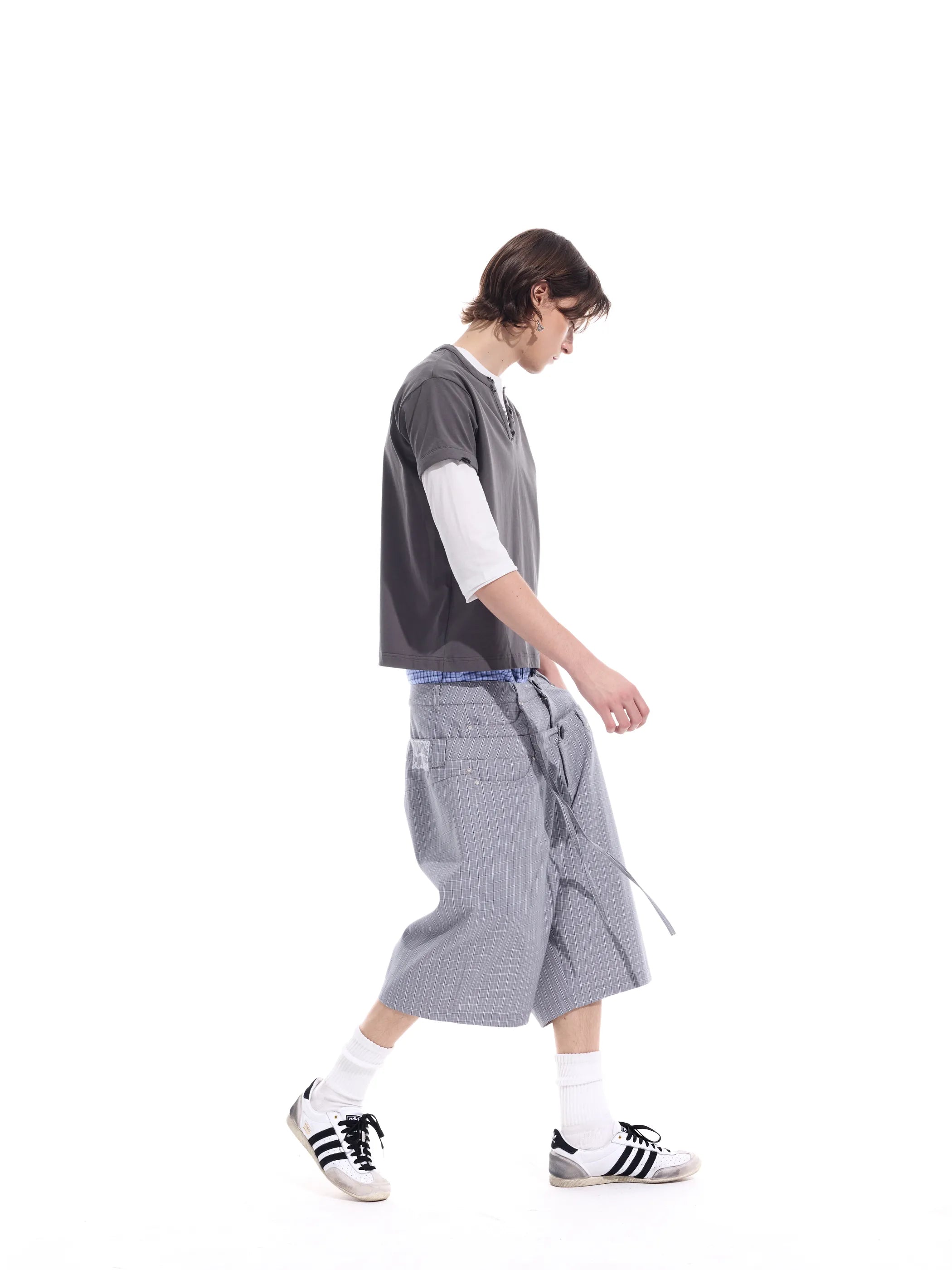 Checked double-waistband ribbon-tie shorts