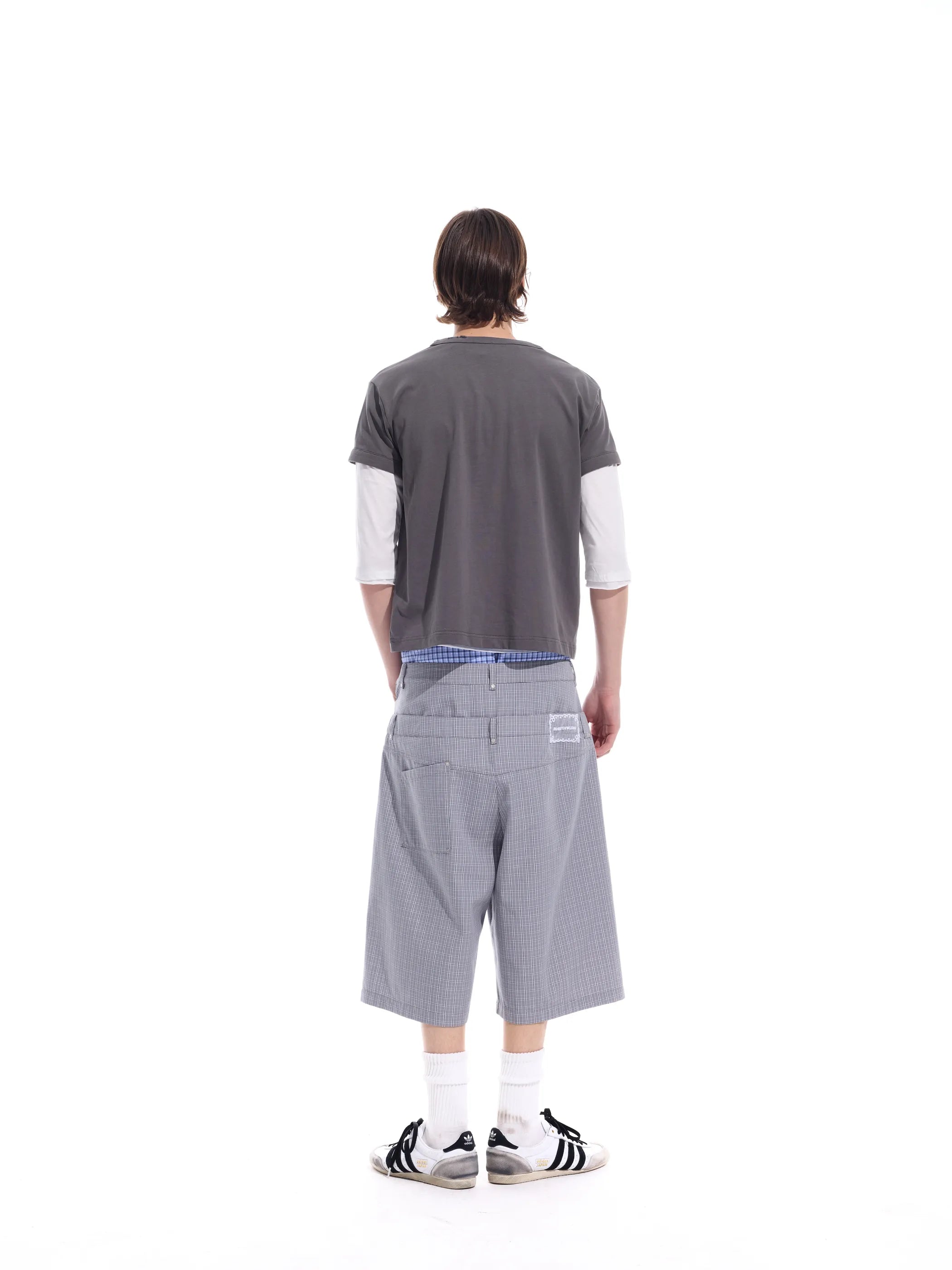 Checked double-waistband ribbon-tie shorts