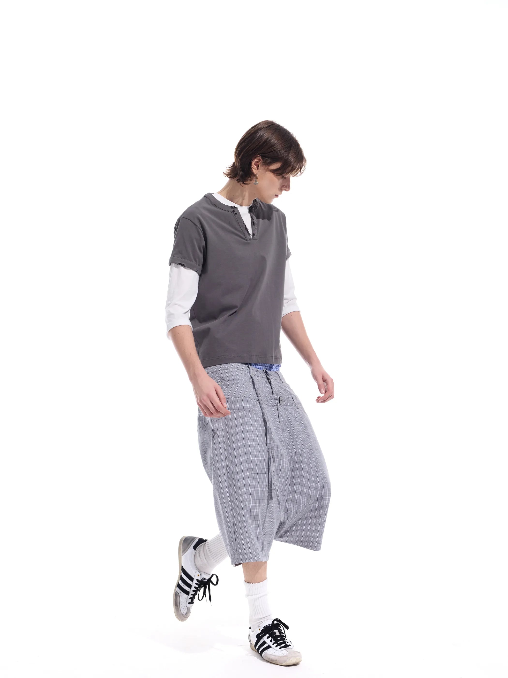 Checked double-waistband ribbon-tie shorts