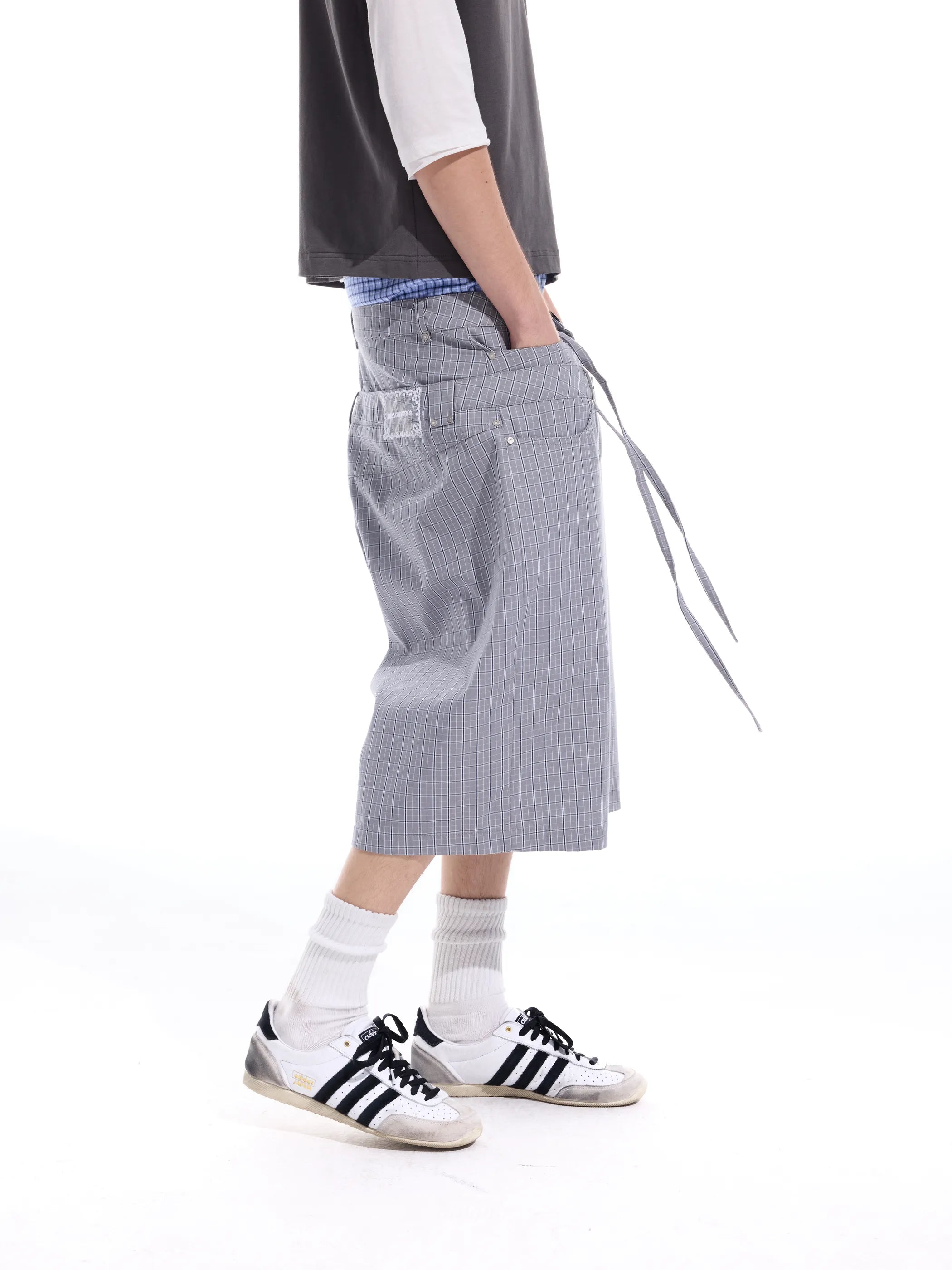 Checked double-waistband ribbon-tie shorts