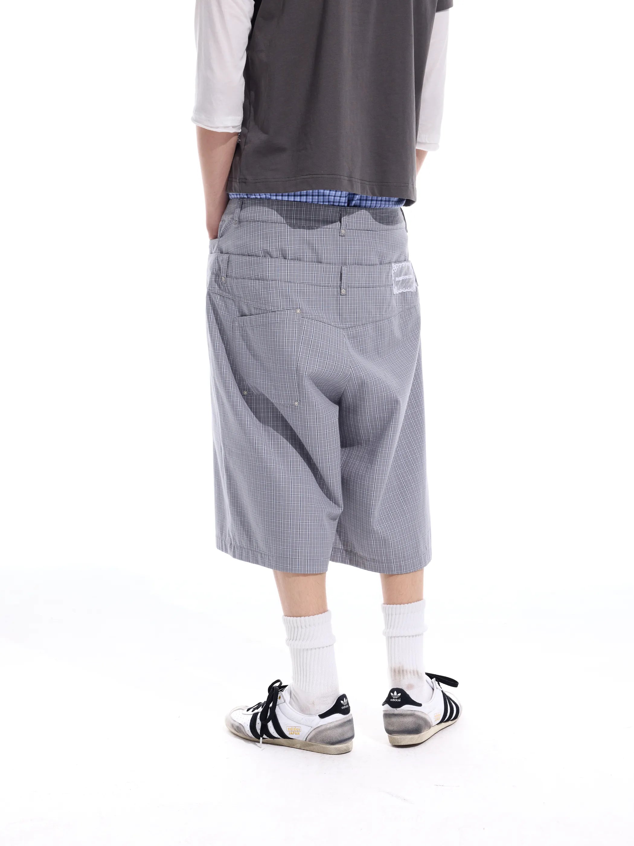 Checked double-waistband ribbon-tie shorts