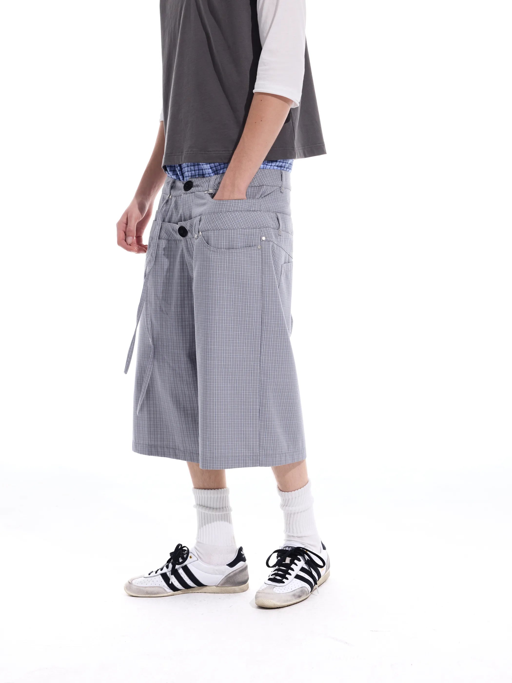 Checked double-waistband ribbon-tie shorts
