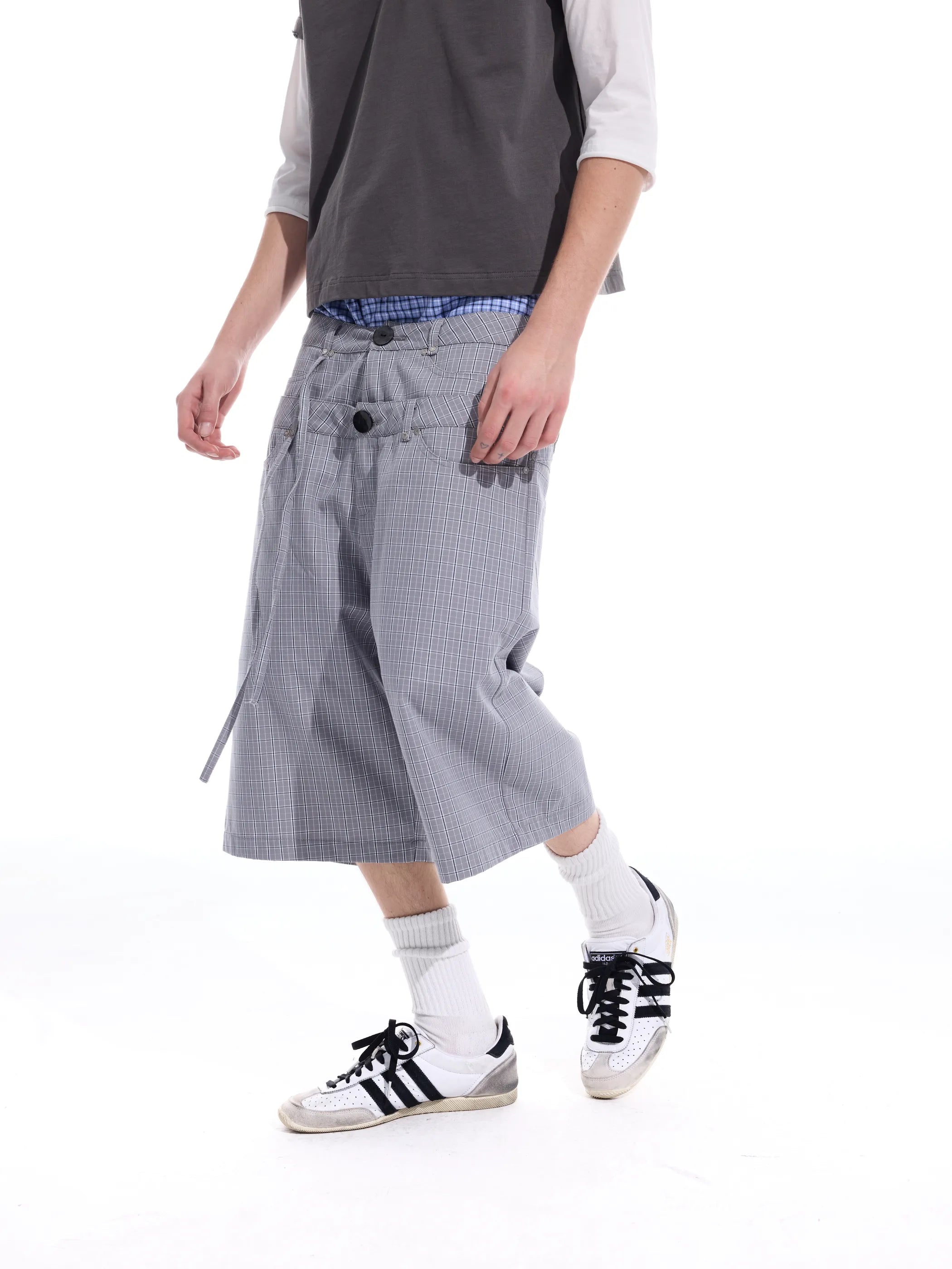 Checked double-waistband ribbon-tie shorts
