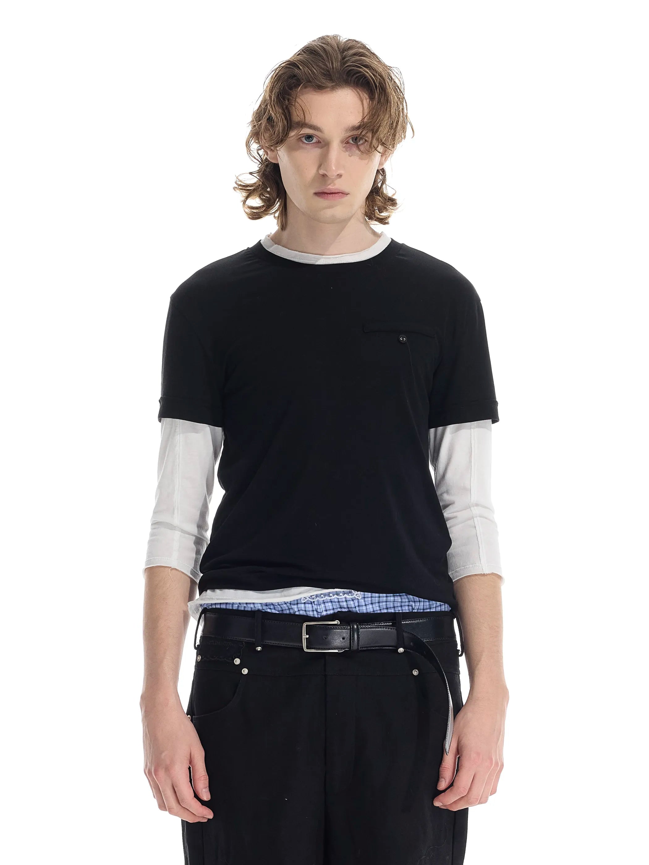 Colour-blocked half-sleeve mock two-piece T-shirt