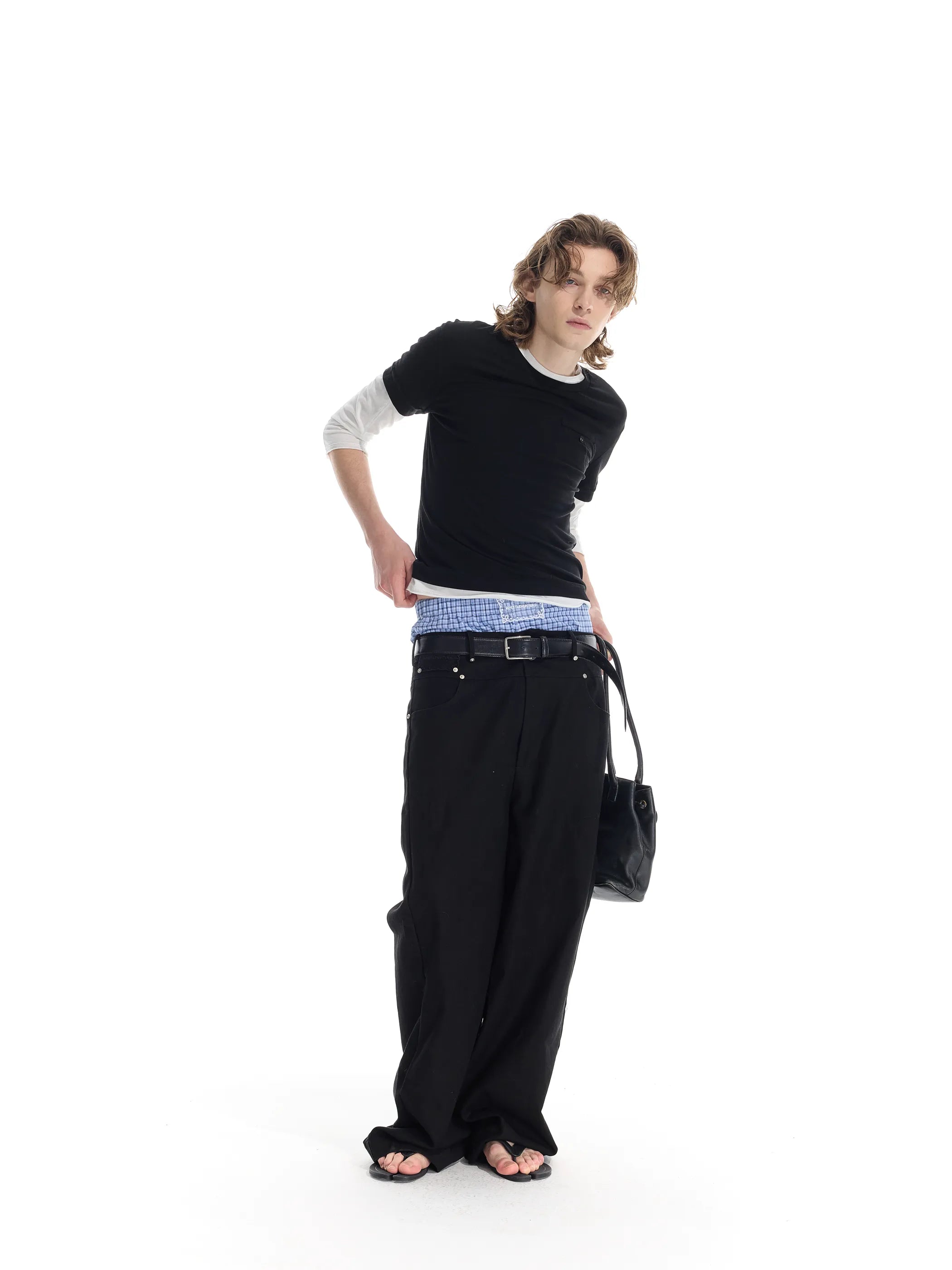 Colour-blocked half-sleeve mock two-piece T-shirt