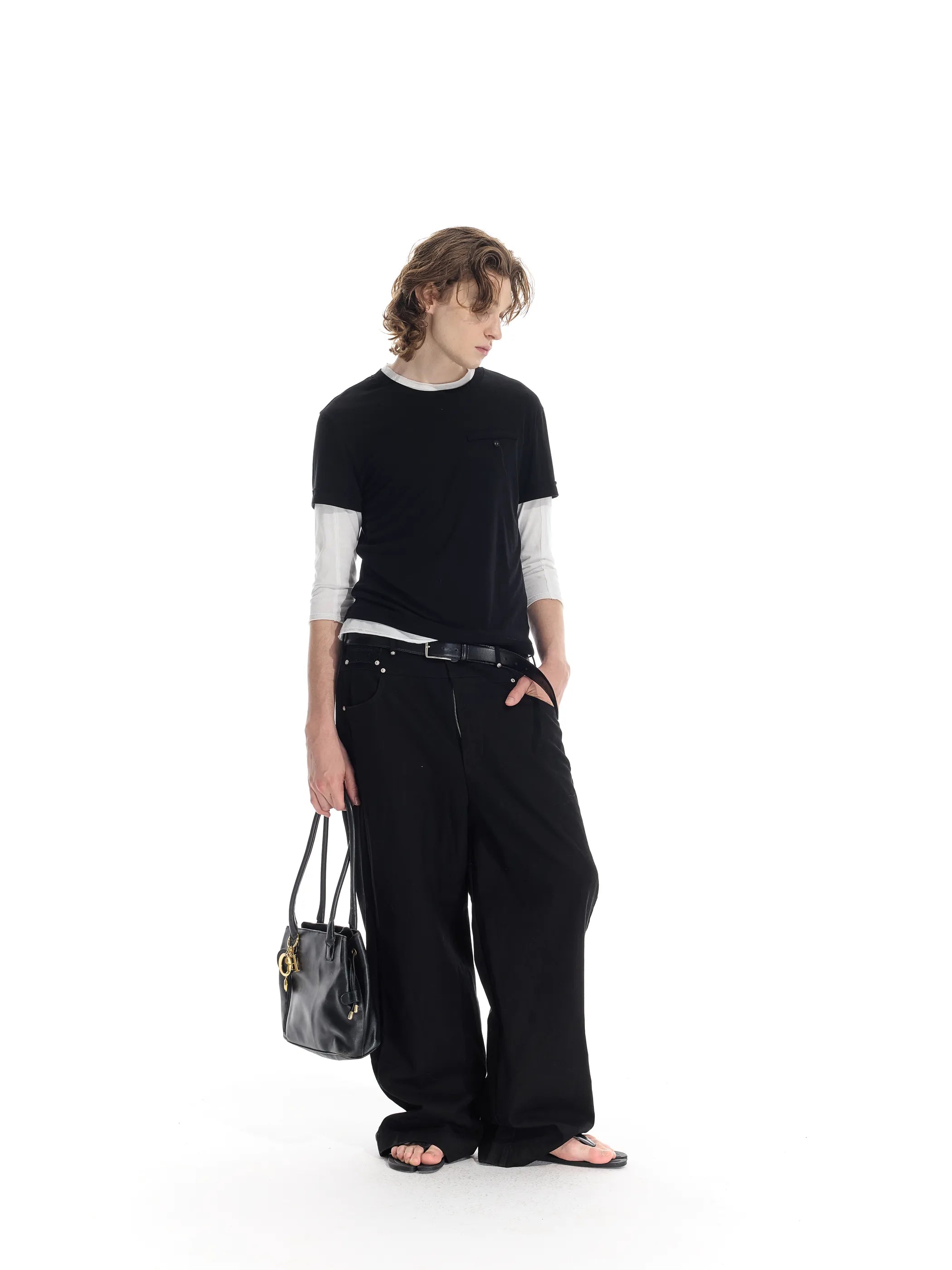 Colour-blocked half-sleeve mock two-piece T-shirt