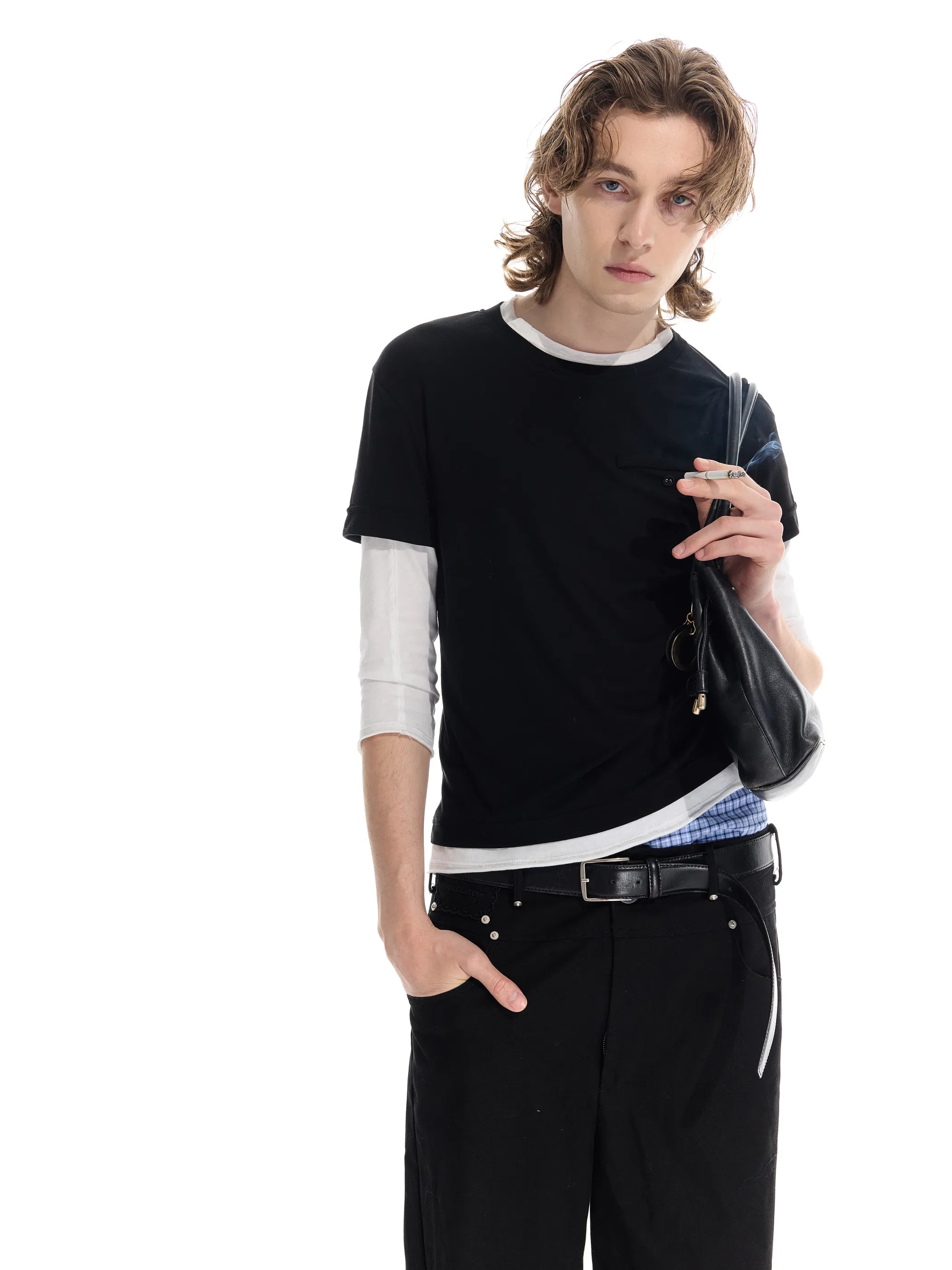 Colour-blocked half-sleeve mock two-piece T-shirt