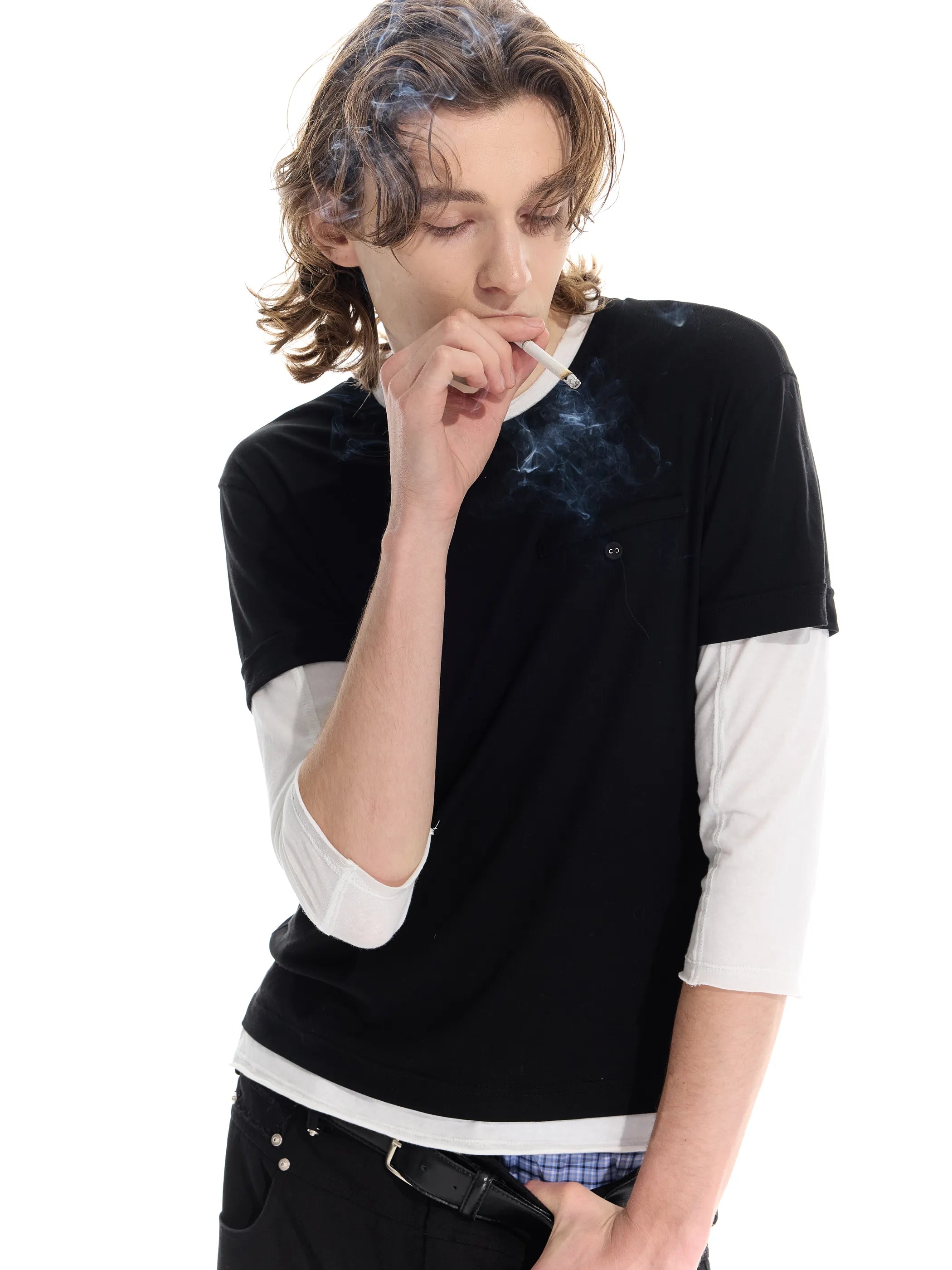 Colour-blocked half-sleeve mock two-piece T-shirt