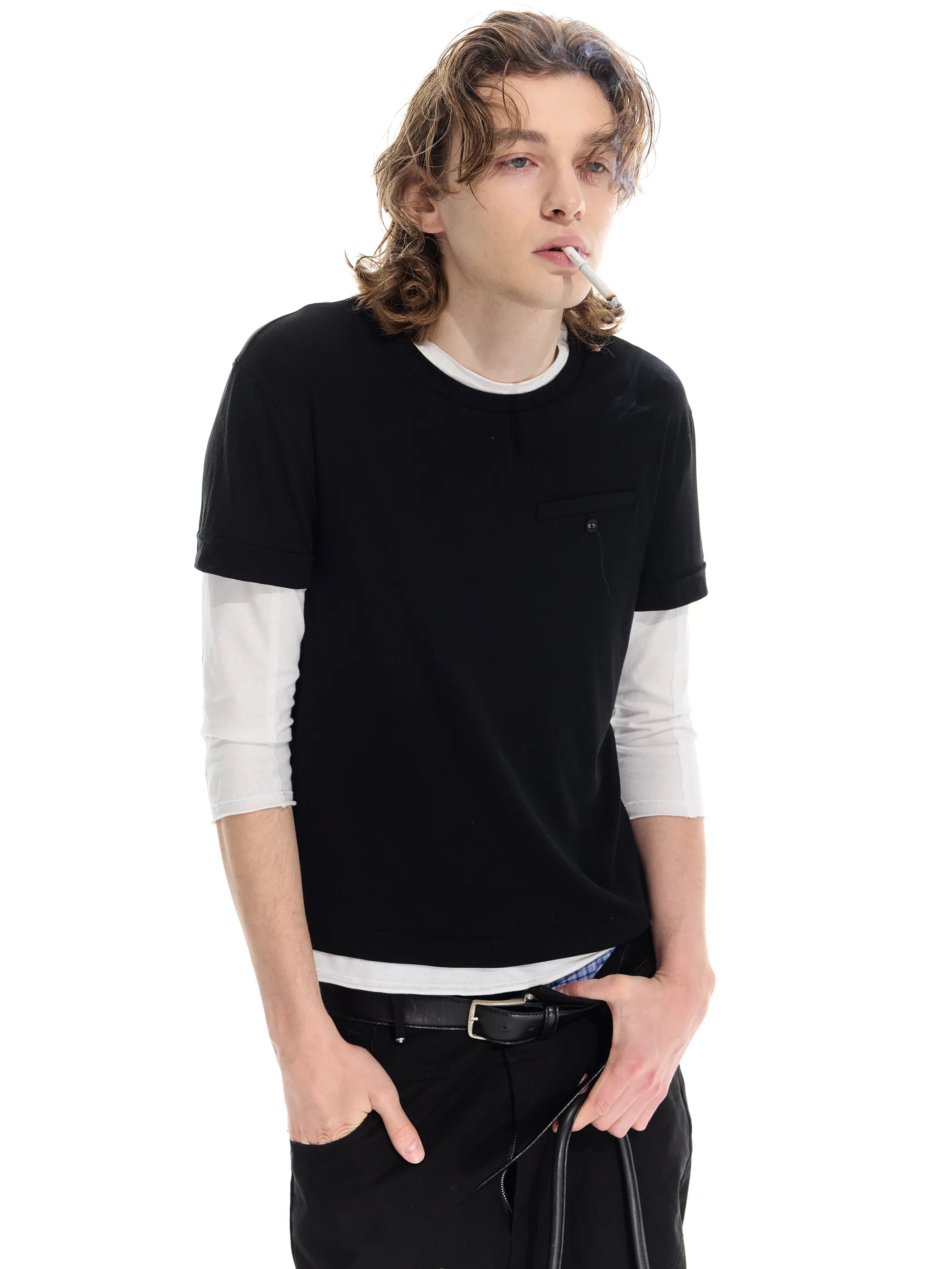 Colour-blocked half-sleeve mock two-piece T-shirt
