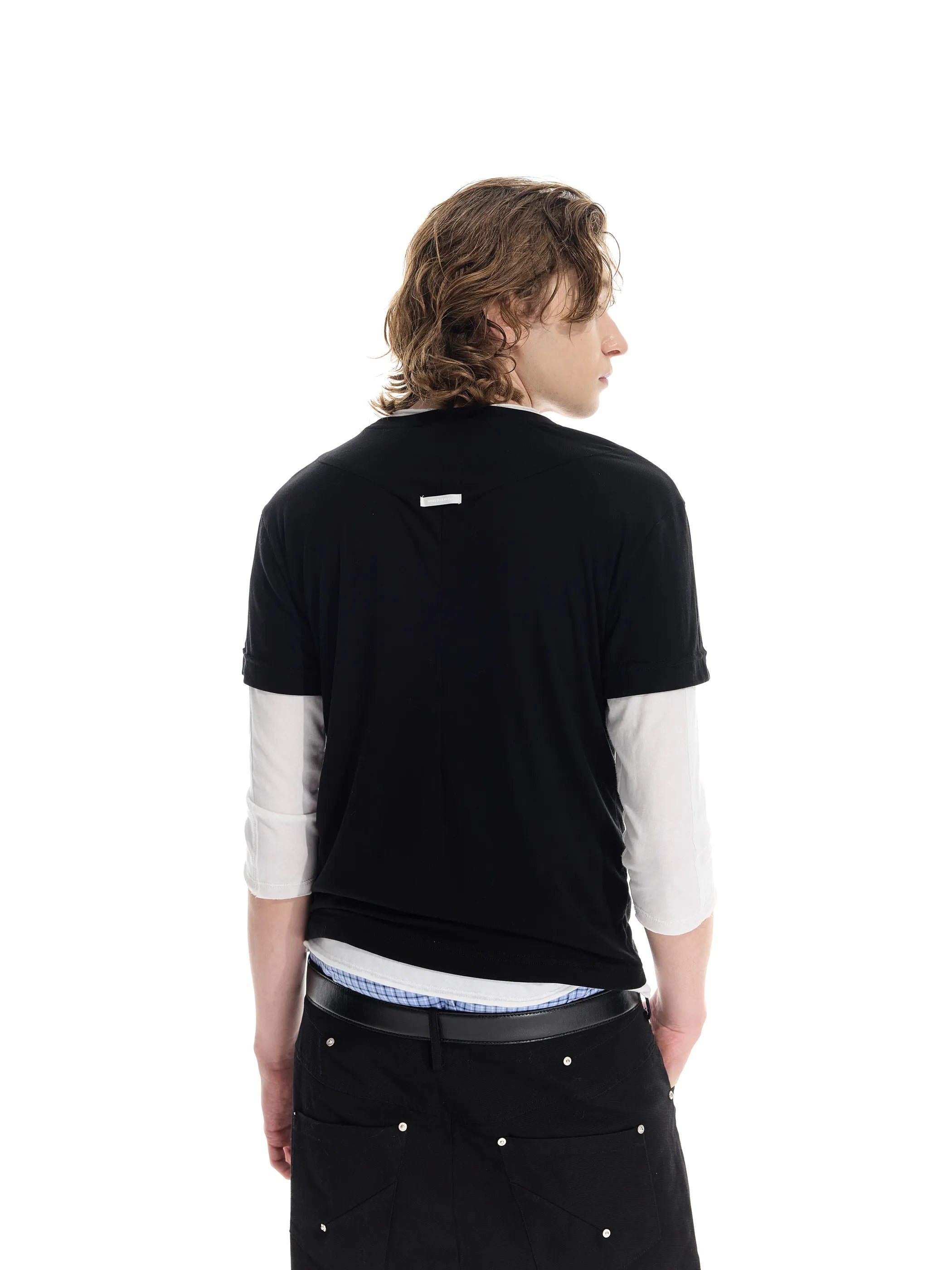 Colour-blocked half-sleeve mock two-piece T-shirt