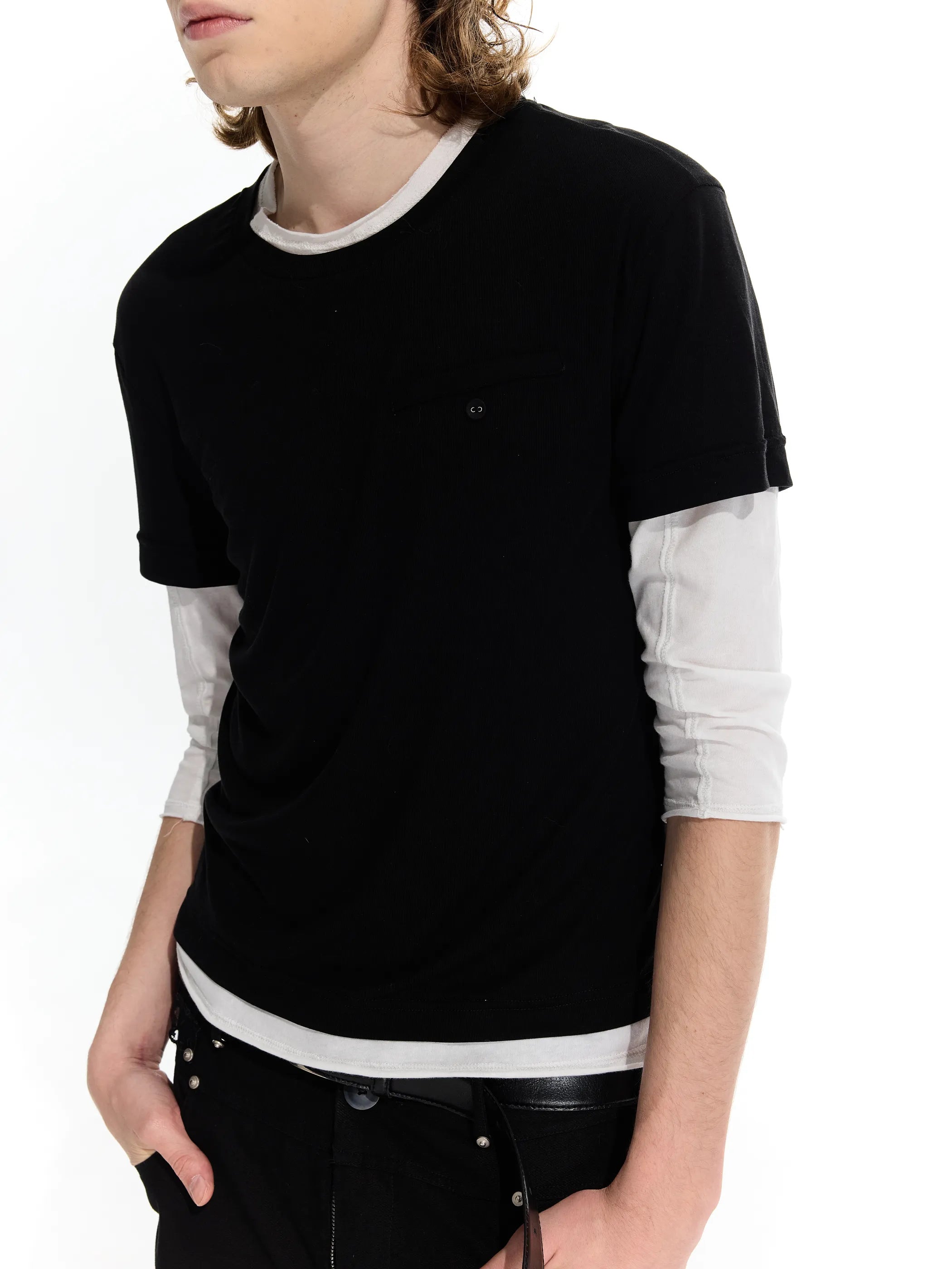 Colour-blocked half-sleeve mock two-piece T-shirt