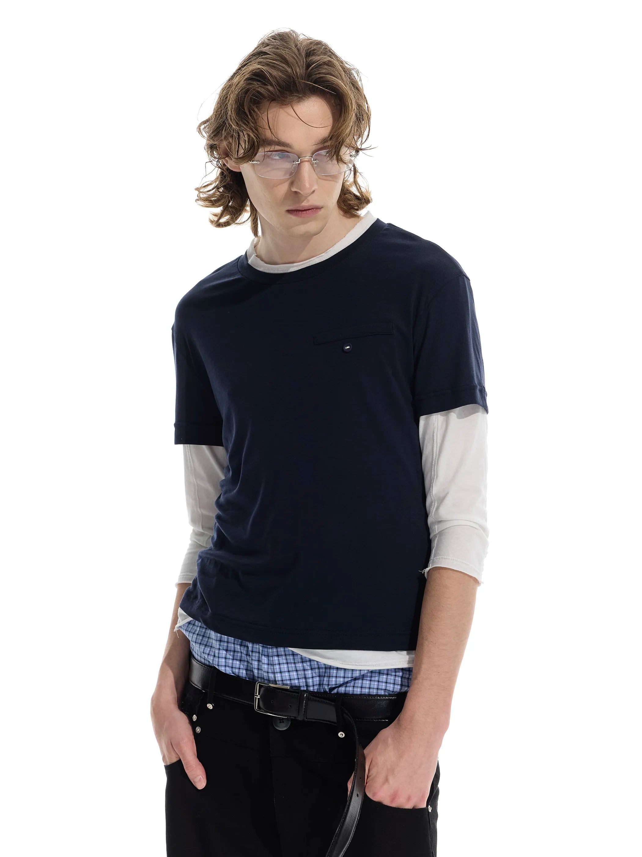 Colour-blocked half-sleeve mock two-piece T-shirt
