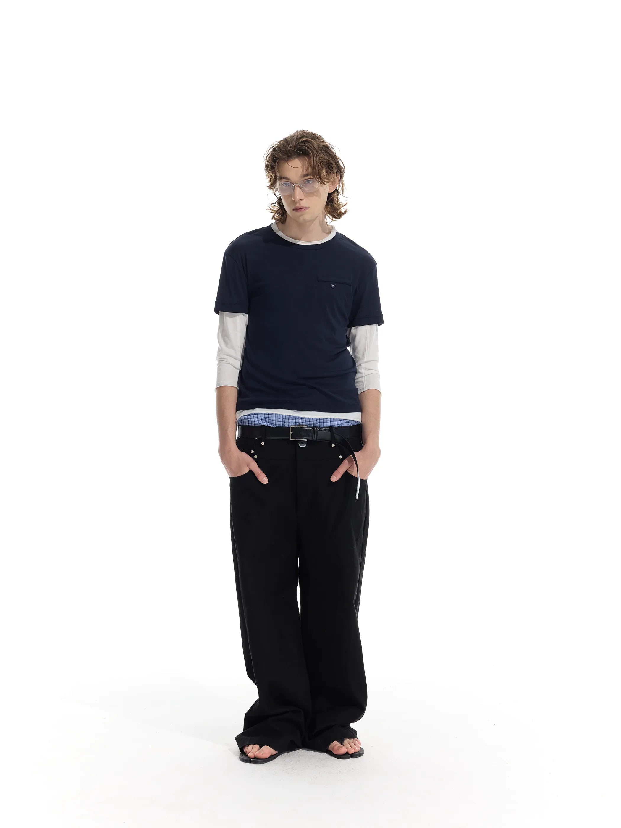 Colour-blocked half-sleeve mock two-piece T-shirt