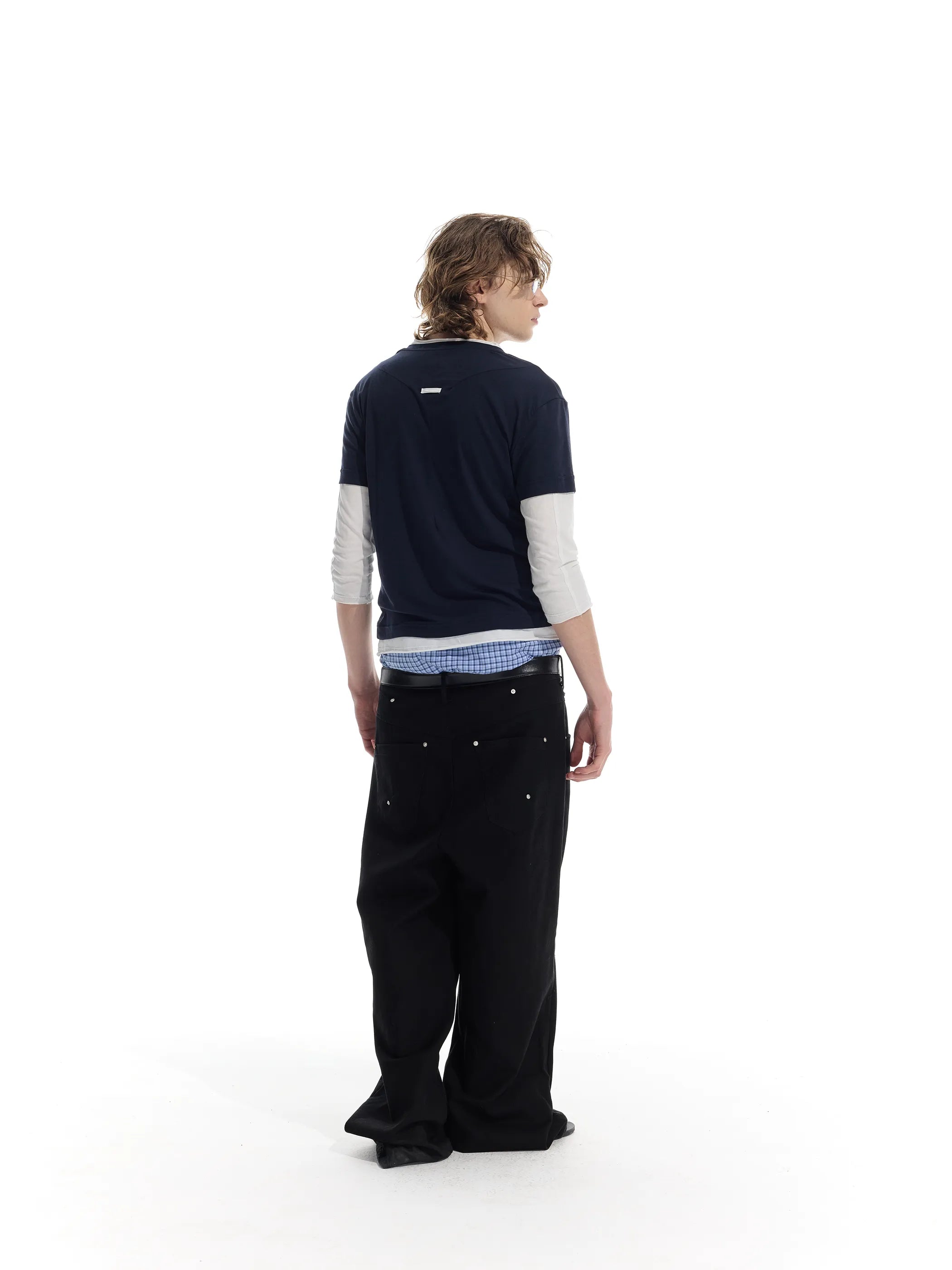 Colour-blocked half-sleeve mock two-piece T-shirt