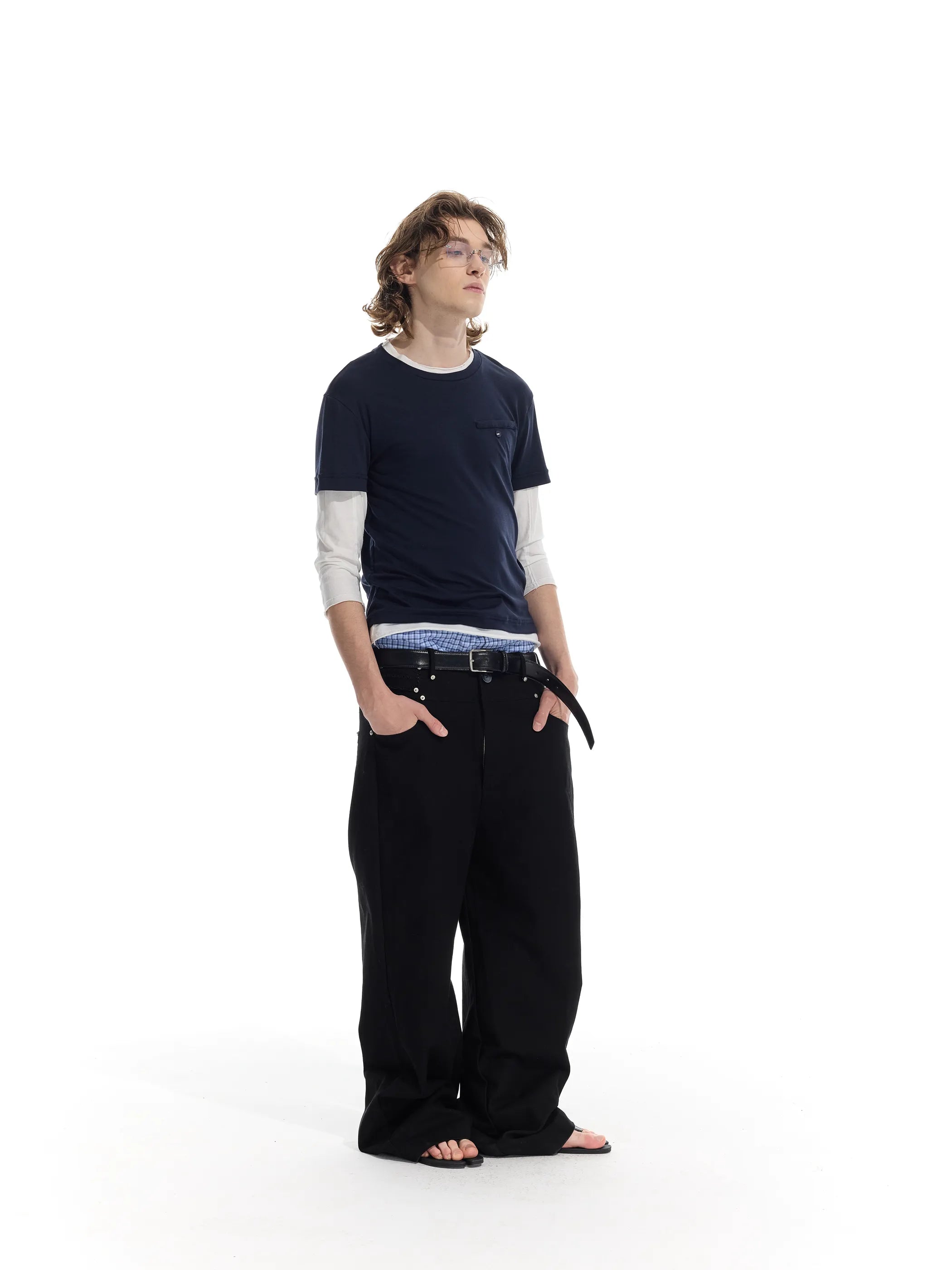Colour-blocked half-sleeve mock two-piece T-shirt