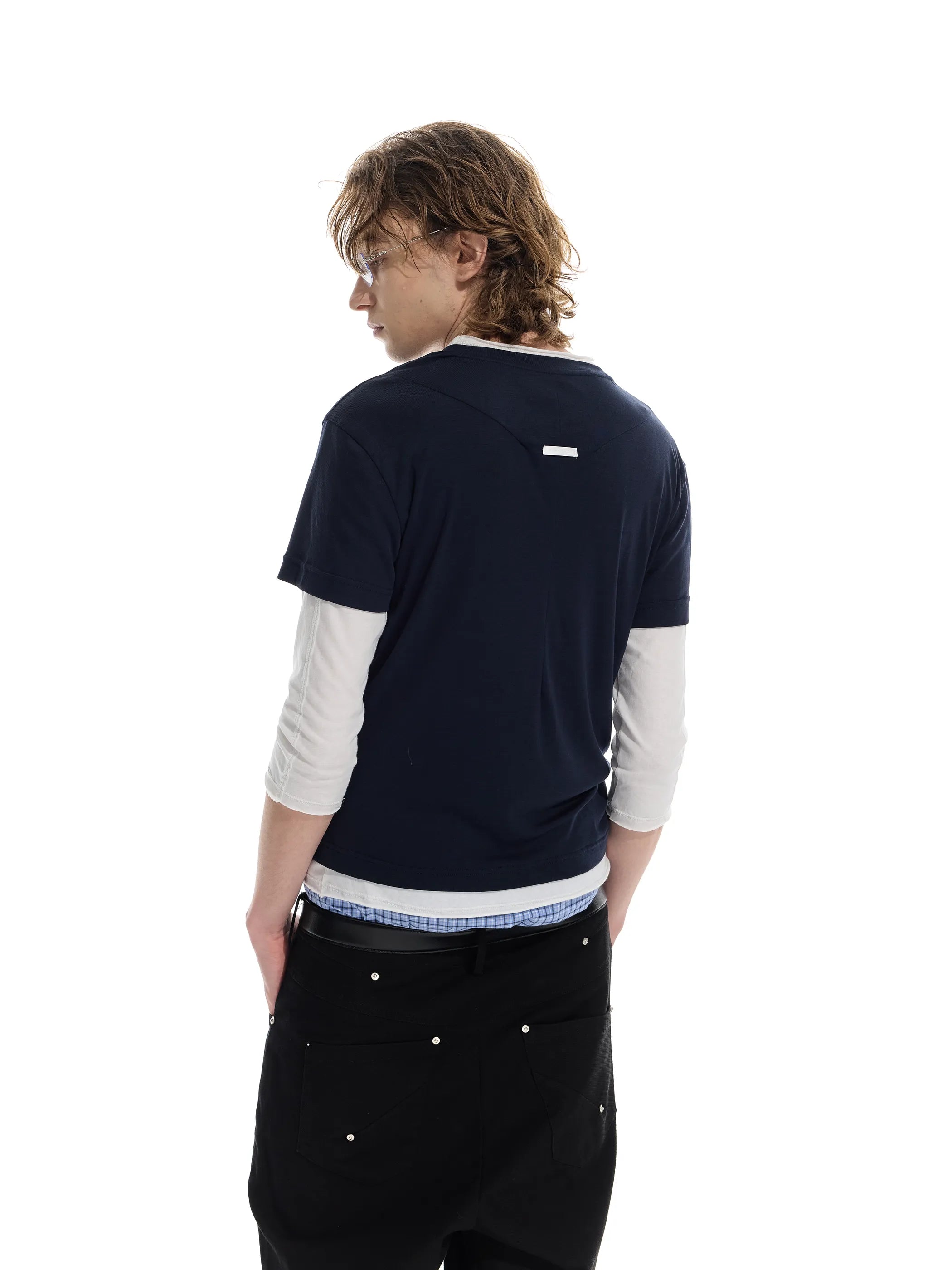 Colour-blocked half-sleeve mock two-piece T-shirt