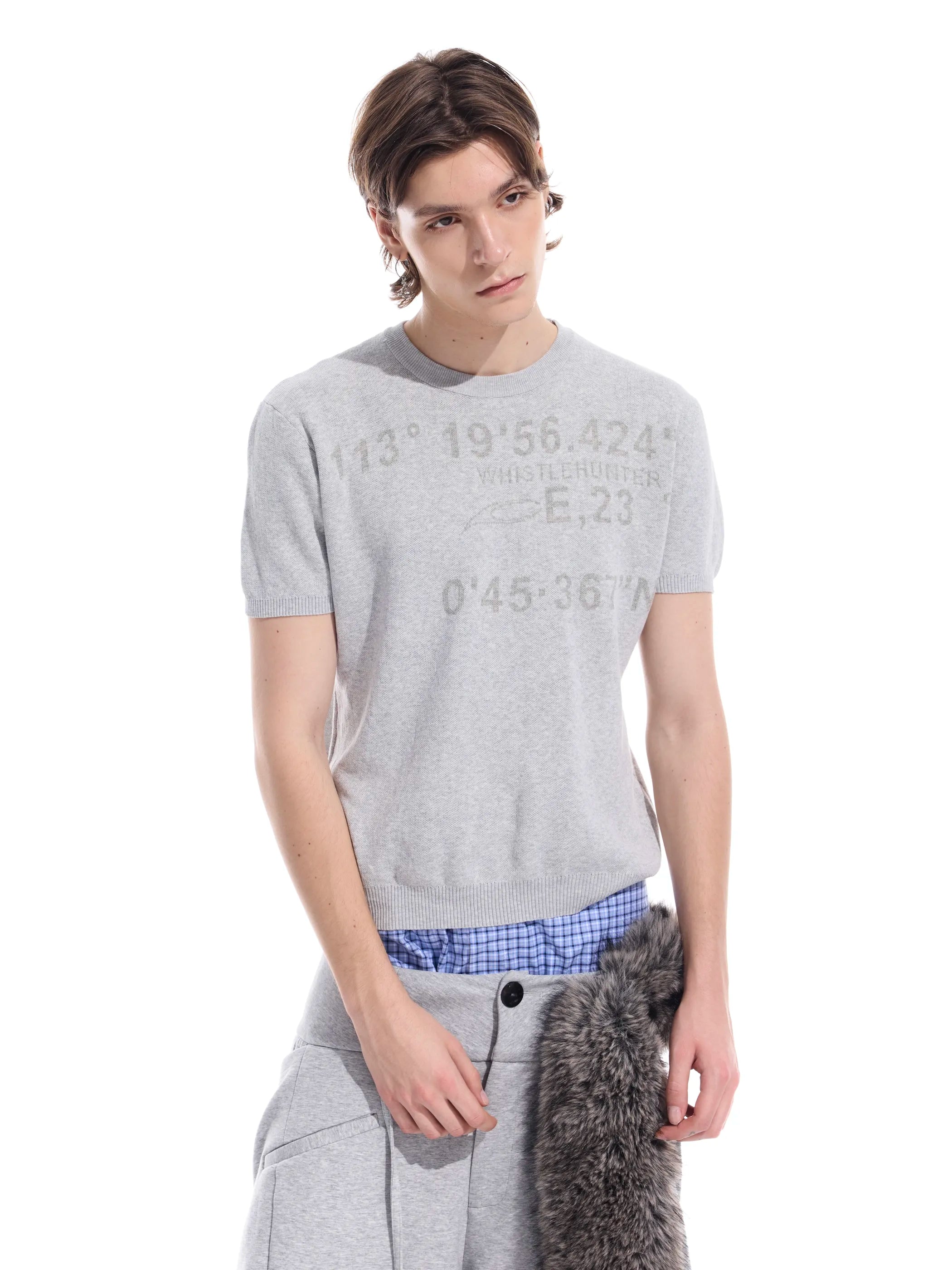 Distressed geometric knit short T-shirt
