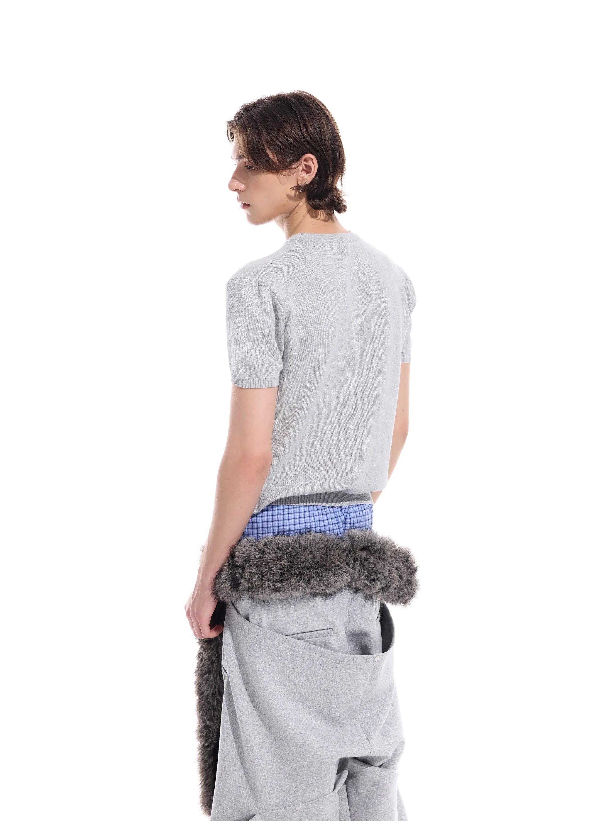 Distressed geometric knit short T-shirt