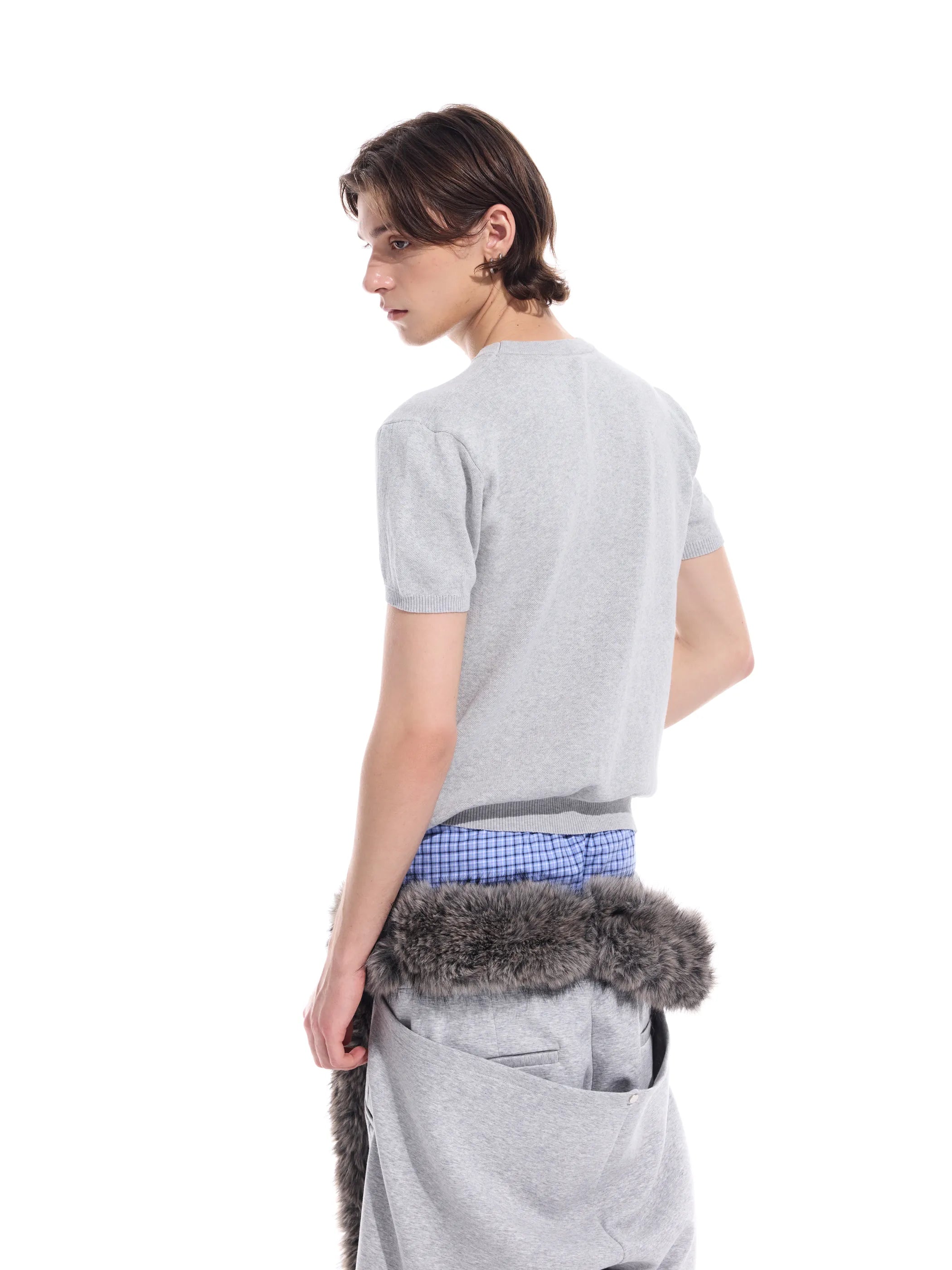 Distressed geometric knit short T-shirt