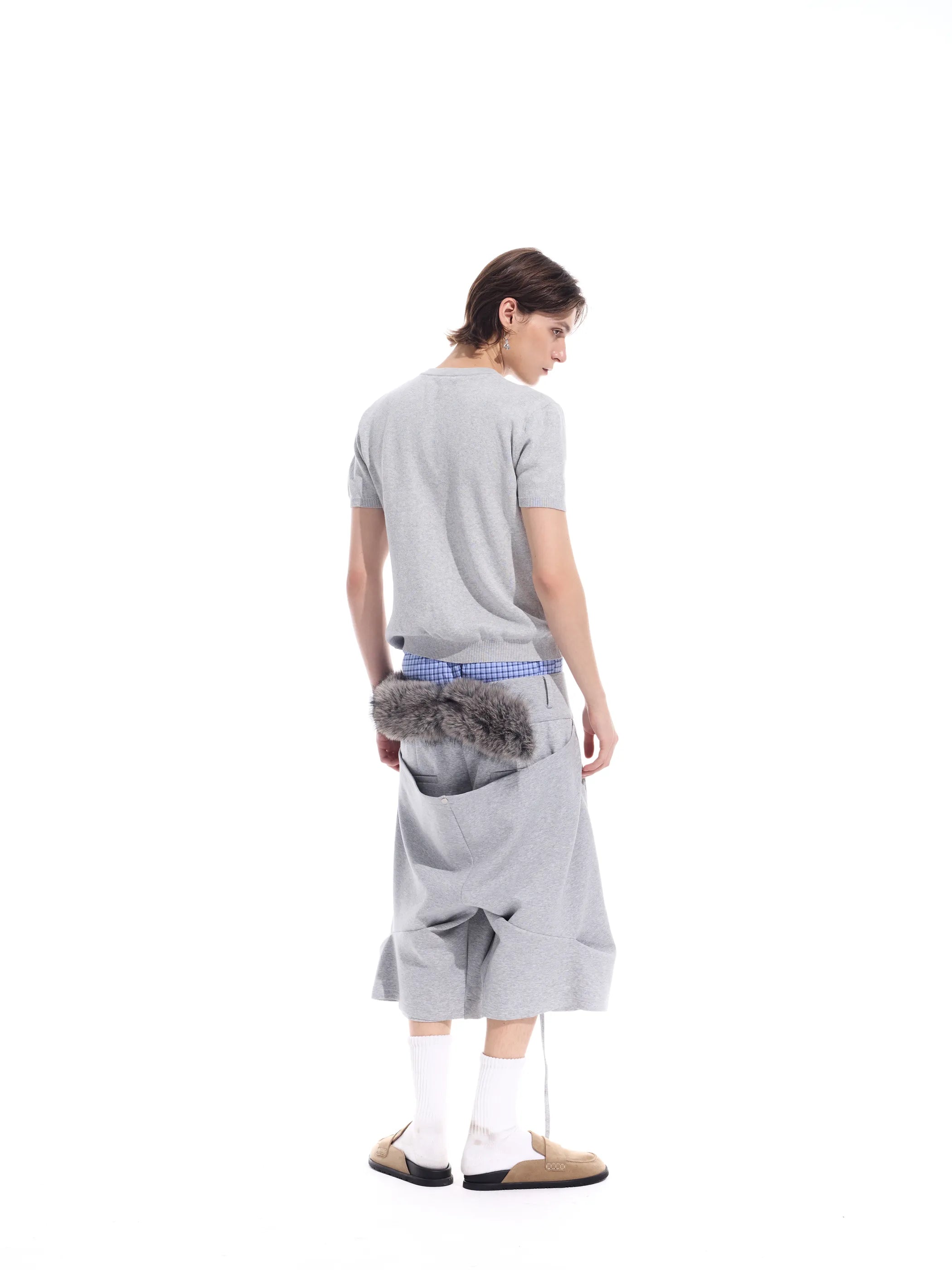 Distressed geometric knit short T-shirt
