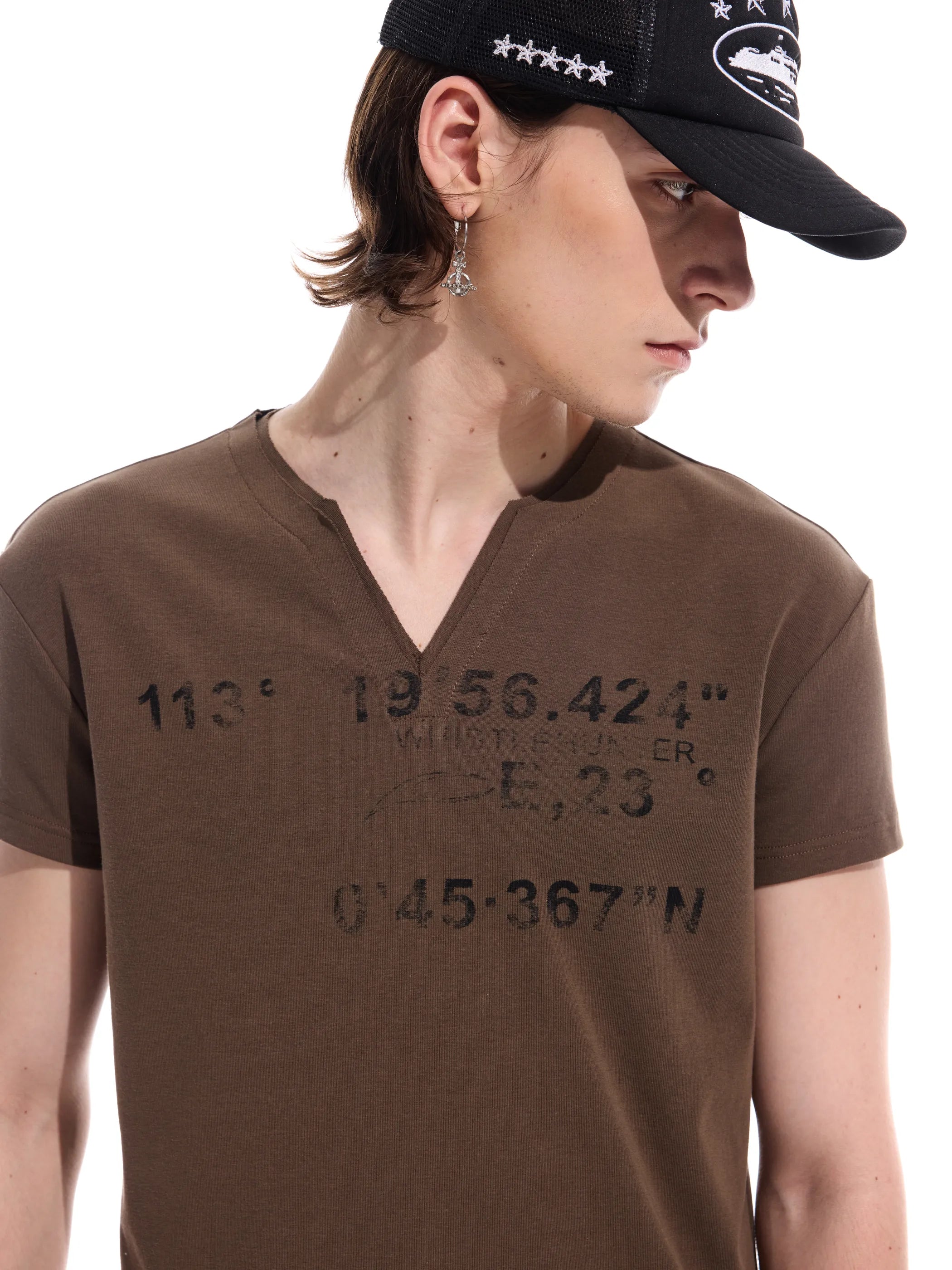 Distressed grid-pattern lyocell V-neck tee