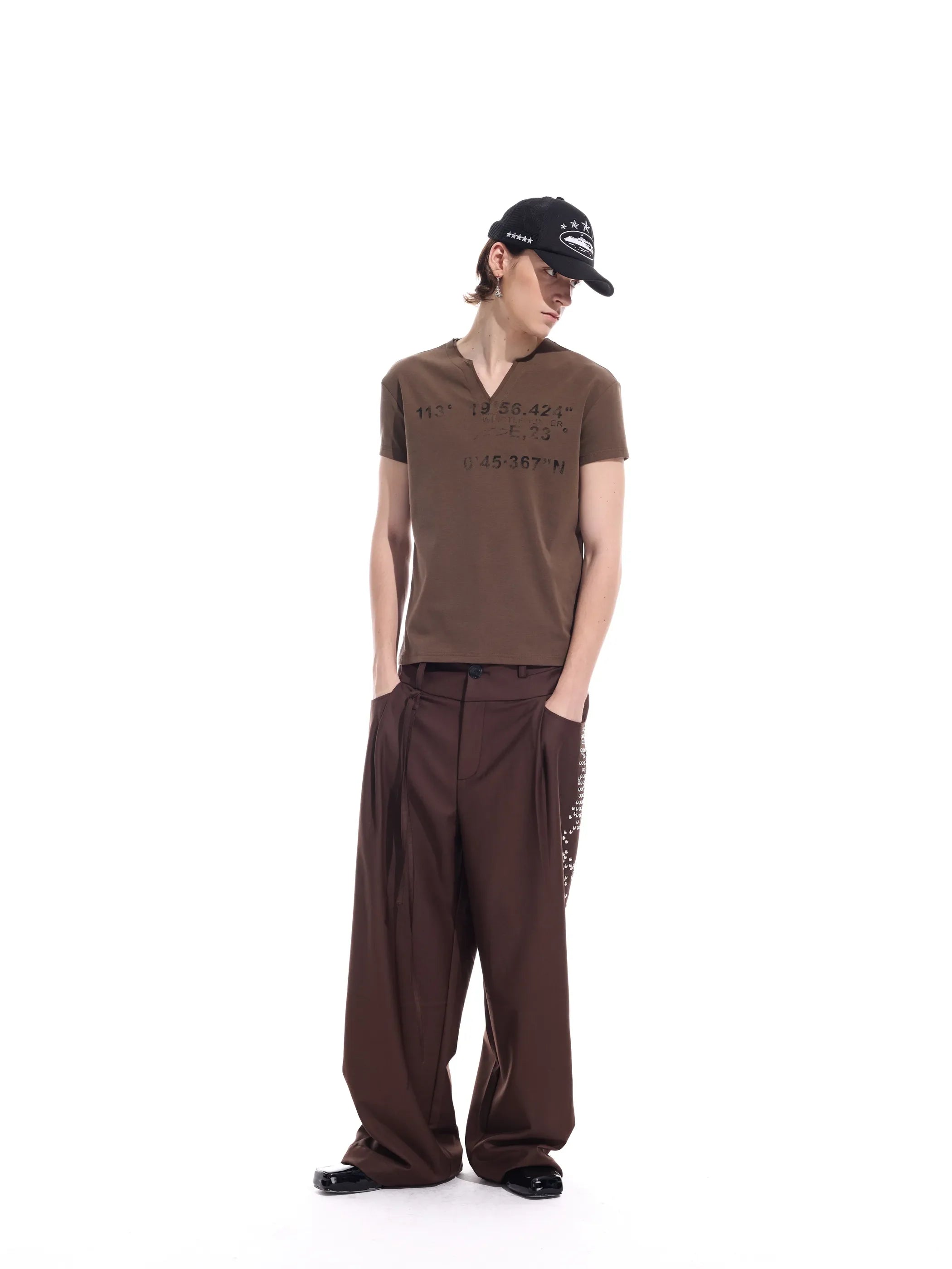 Distressed grid-pattern lyocell V-neck tee