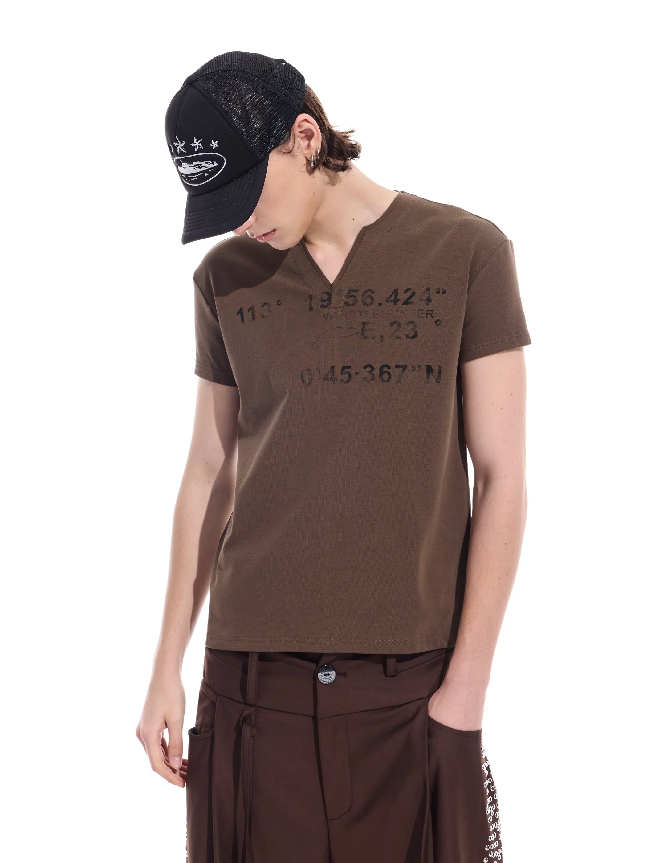Distressed grid-pattern lyocell V-neck tee