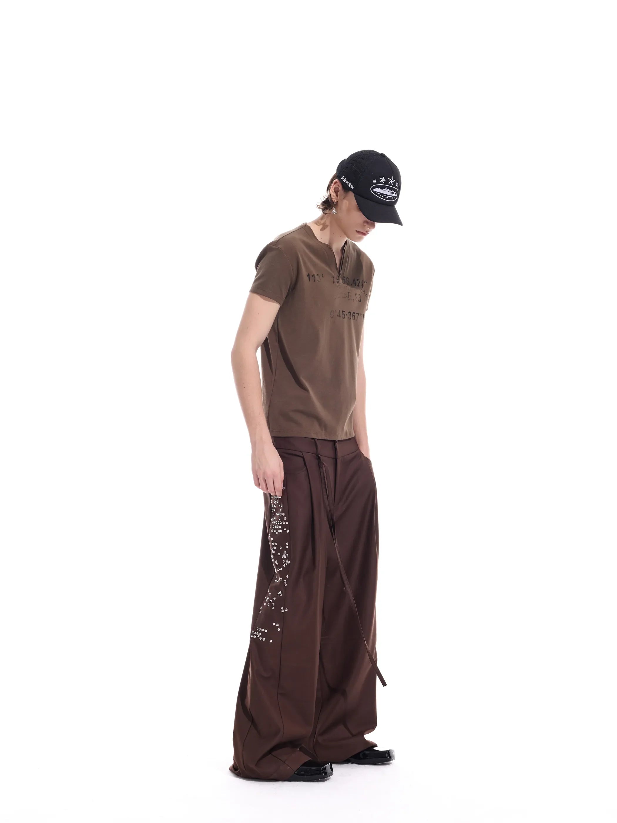 Distressed grid-pattern lyocell V-neck tee
