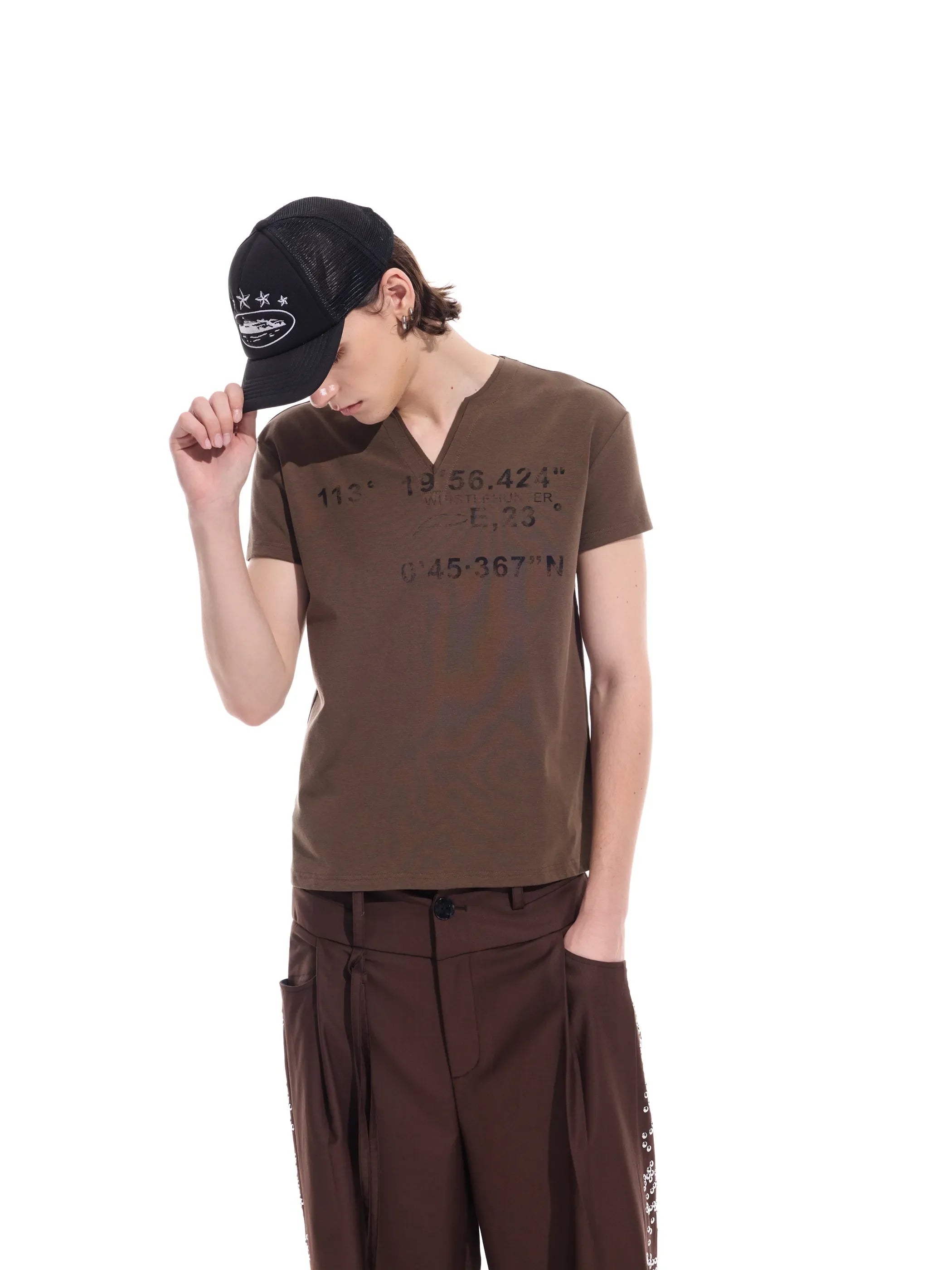 Distressed grid-pattern lyocell V-neck tee